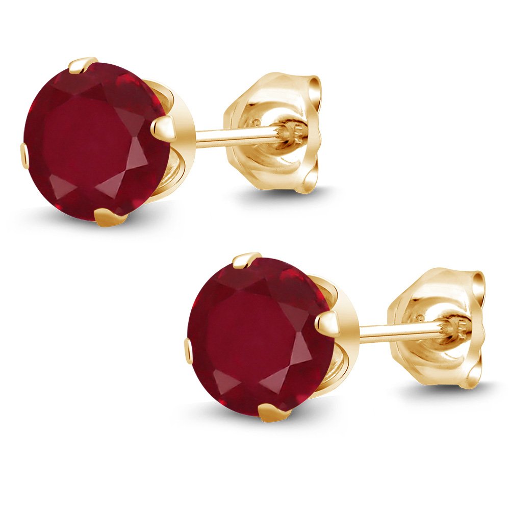 2.10 Ct Round Red Ruby Stud Earrings for Women & Men - 6mm Yellow Gold Plated Silver 4-Prong Setting | Gem Stone King | Perfect for Weddings, Parties & Gifts