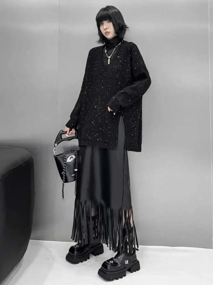 Black Sequin Slit Knit Sweater for Women - V Neck Long Sleeve Pullover Plus Size Fashion Top for Spring & Fall 2025 | Perfect for Parties, Date Nights & Holiday Outfits (Style 1DH9222)