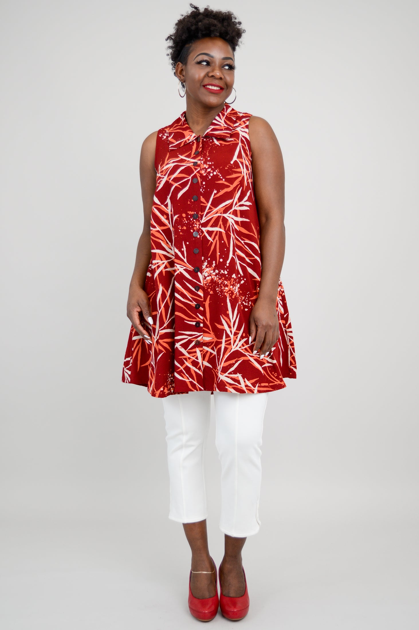 Cissy Tank Top - Women's Fashion Casual Blouse in Palm Burgundy for Summer Outfits and Beach Wear