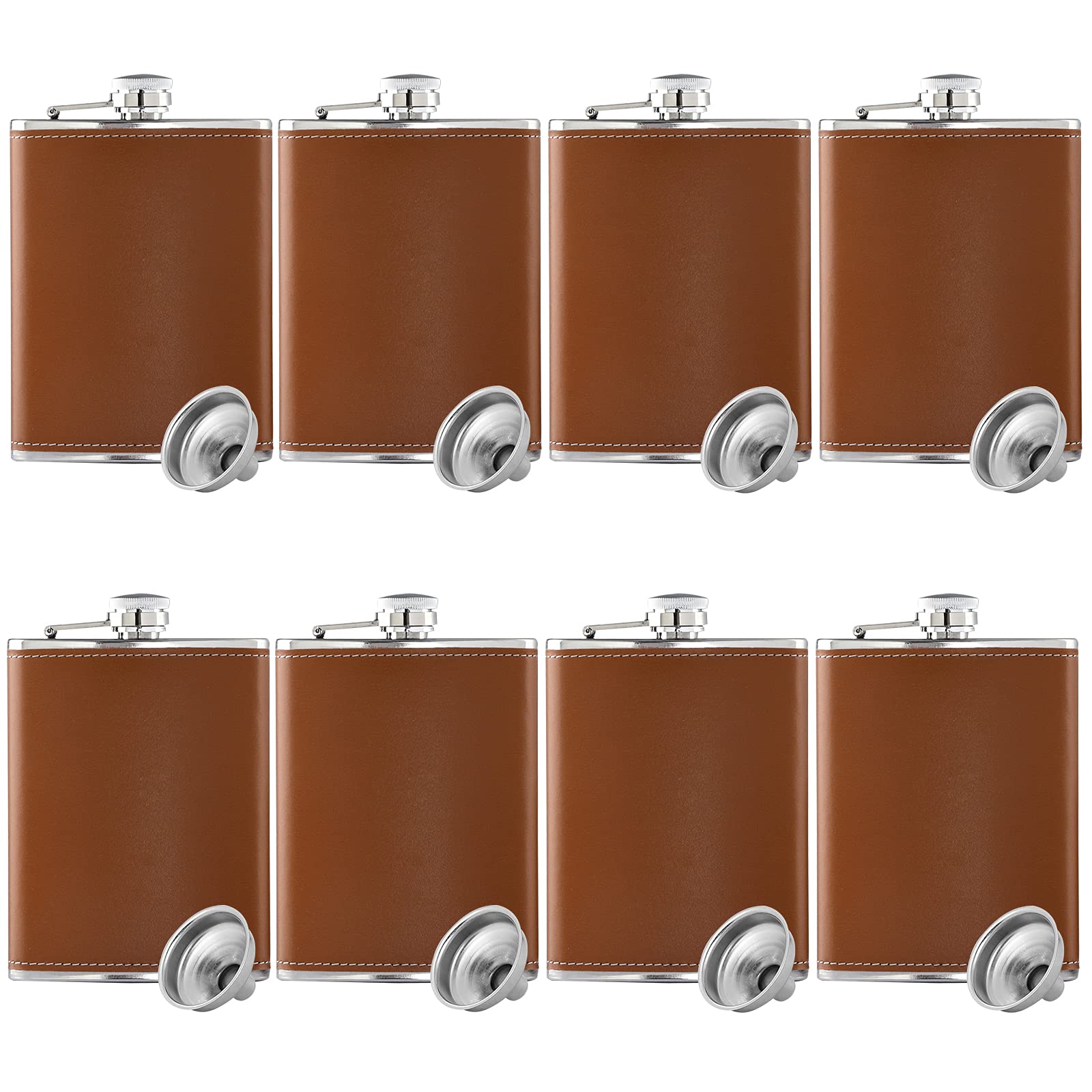 Premium 8 Oz Stainless Steel Leather Hip Flask with Funnel - Perfect for Gifts, Camping, Weddings & Parties (Set of 8) | Great for Outdoor Adventures, Bourbon Whiskey Storage & Special Occasions