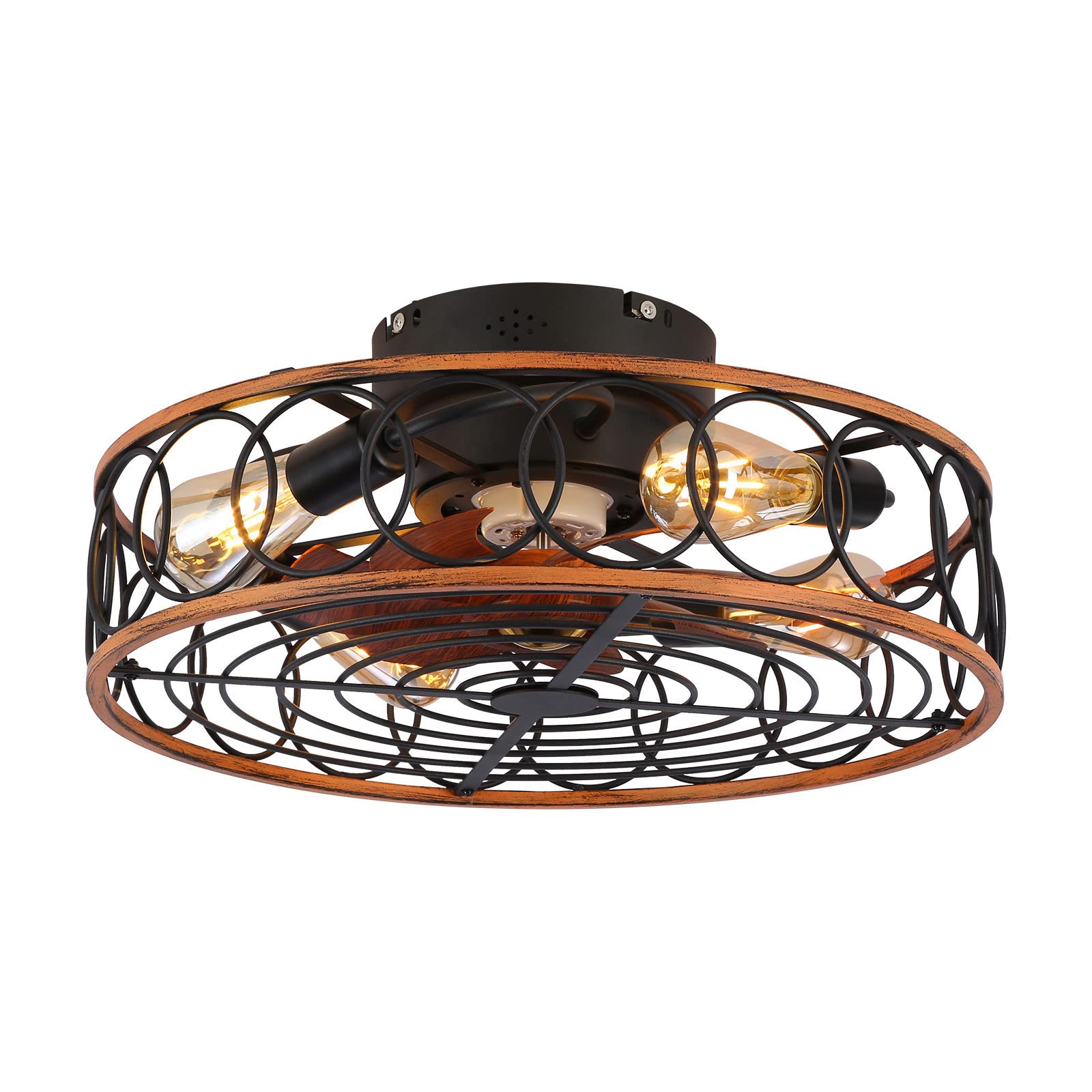 Premium Caged Ceiling Fan with Lights & Remote Control - Low Profile Flush Mount Industrial Retro Style for Indoor/Outdoor Use - Perfect for Living Rooms, Bedrooms, Patios & Covered Porches (Bulbs Not Included)