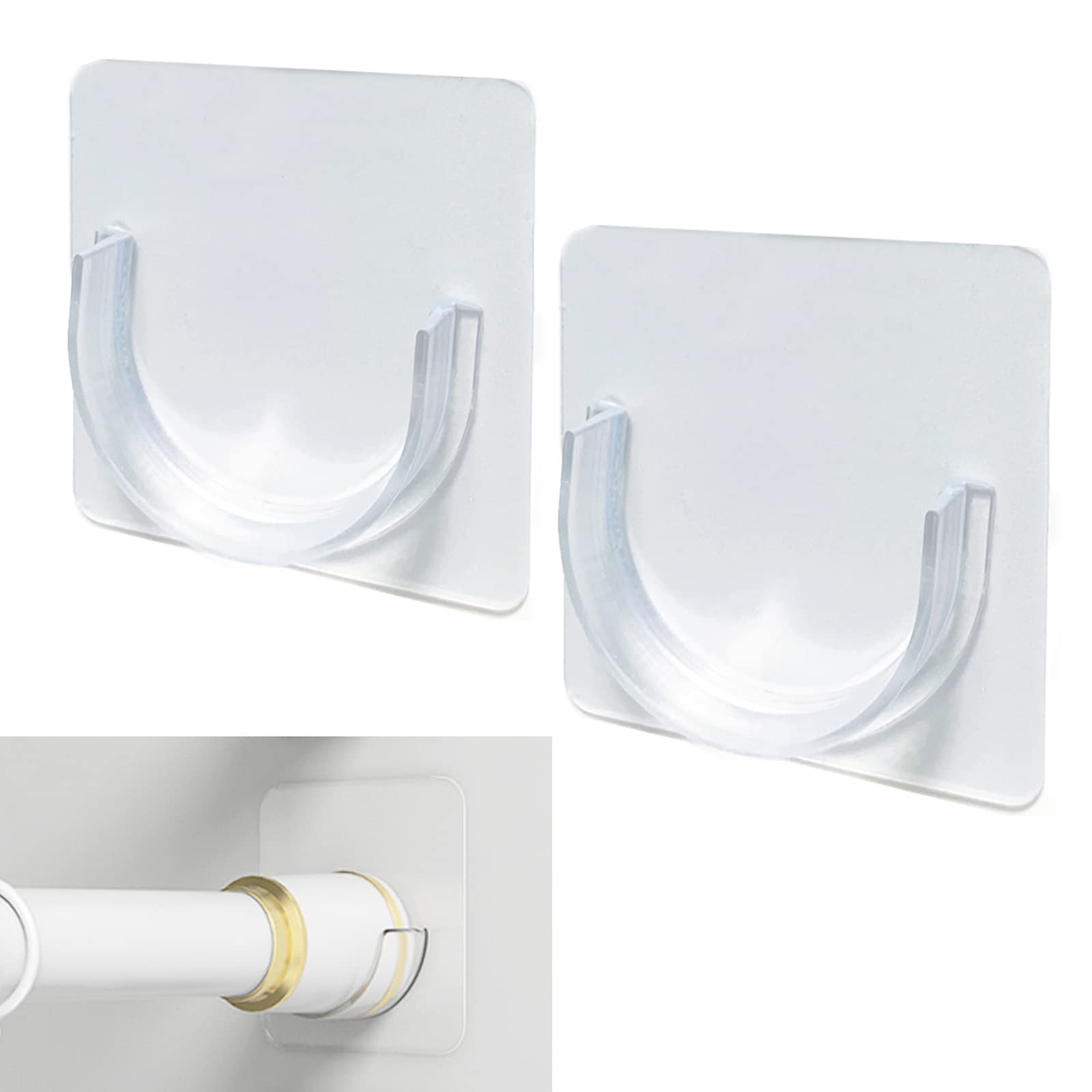 No Drill Adhesive Shower Rod Holder - Tension Mount Curtain Rod Bracket, Clear Transparent Shower Rod Retainer (4 Pack) - Perfect for Bathrooms, Showers & Home Decor