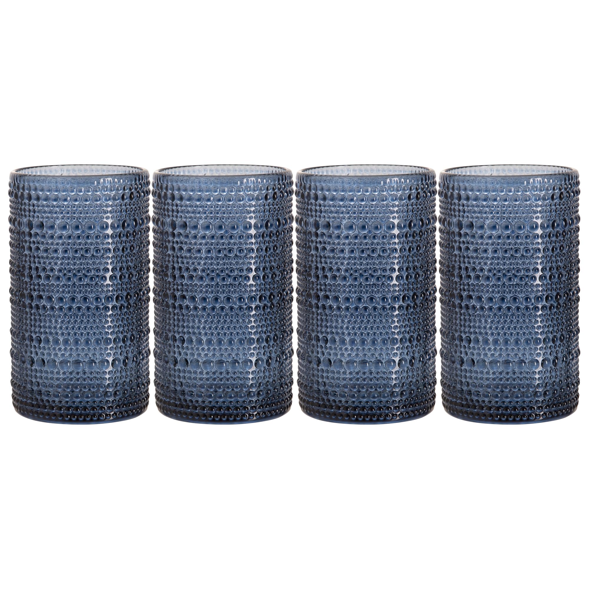 Vintage Blue Hobnail Drinking Glasses Set of 4 - 15 oz Beaded Bubble Glassware for Cocktails, Water, Juice - Perfect for Home Bars, Dinner Parties & Everyday Use