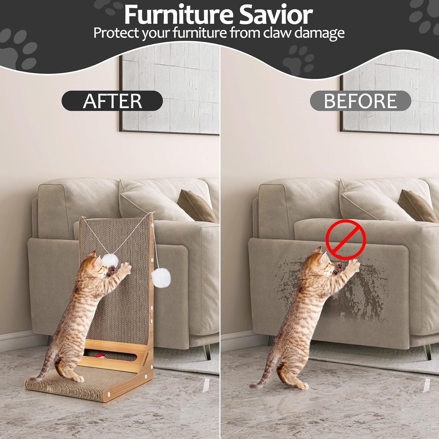 L-Shaped Cat Scratcher for Indoor Cats - Vertical Scratching Pad with 3 Ball Toys, Furniture Protector, Large Cardboard Cat Scratcher - Perfect for Playtime & Sofa Protection