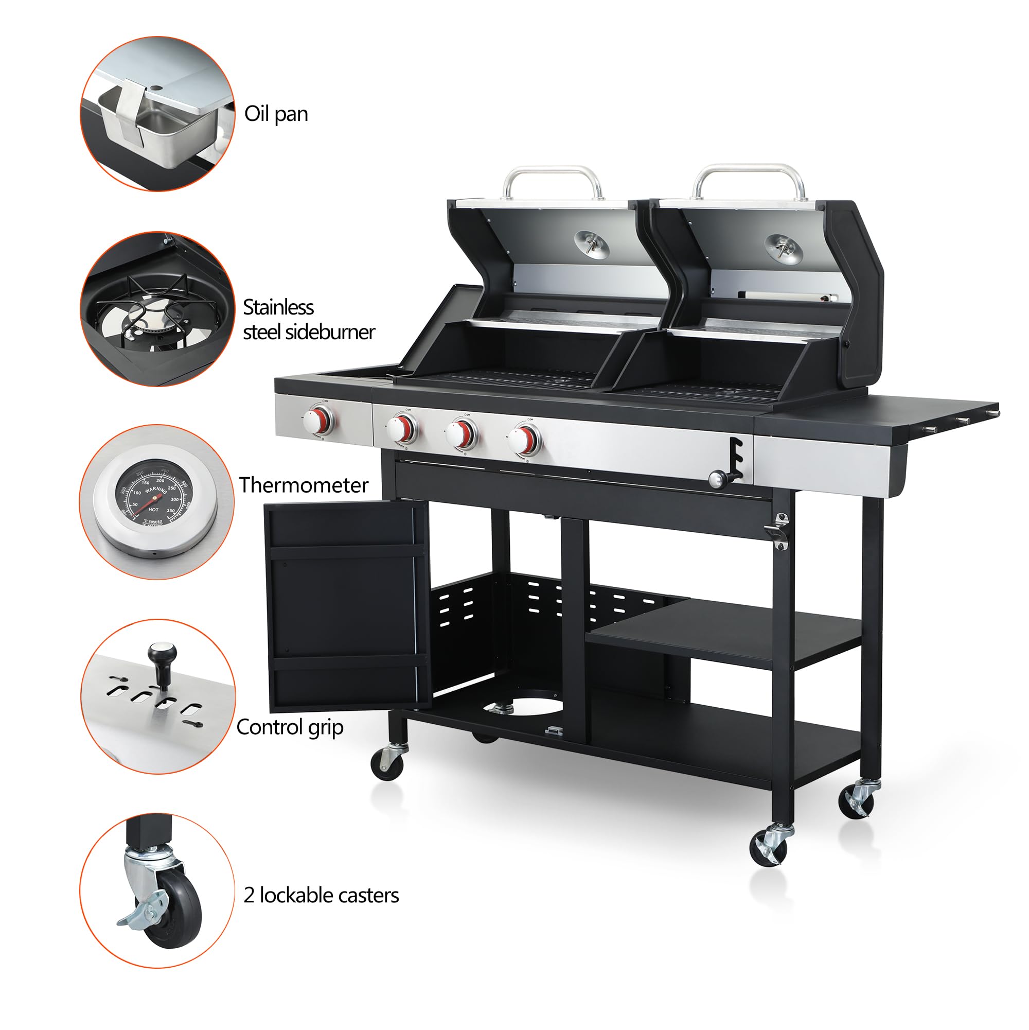 3 Burner Propane Gas BBQ Grill - 37,230 BTU Outdoor Grill with Side Burner & Enameled Cast Iron Grids | Stainless Steel Charcoal Grill with Wheels | Perfect for Backyard, Patio, Camping & Tailgating Parties