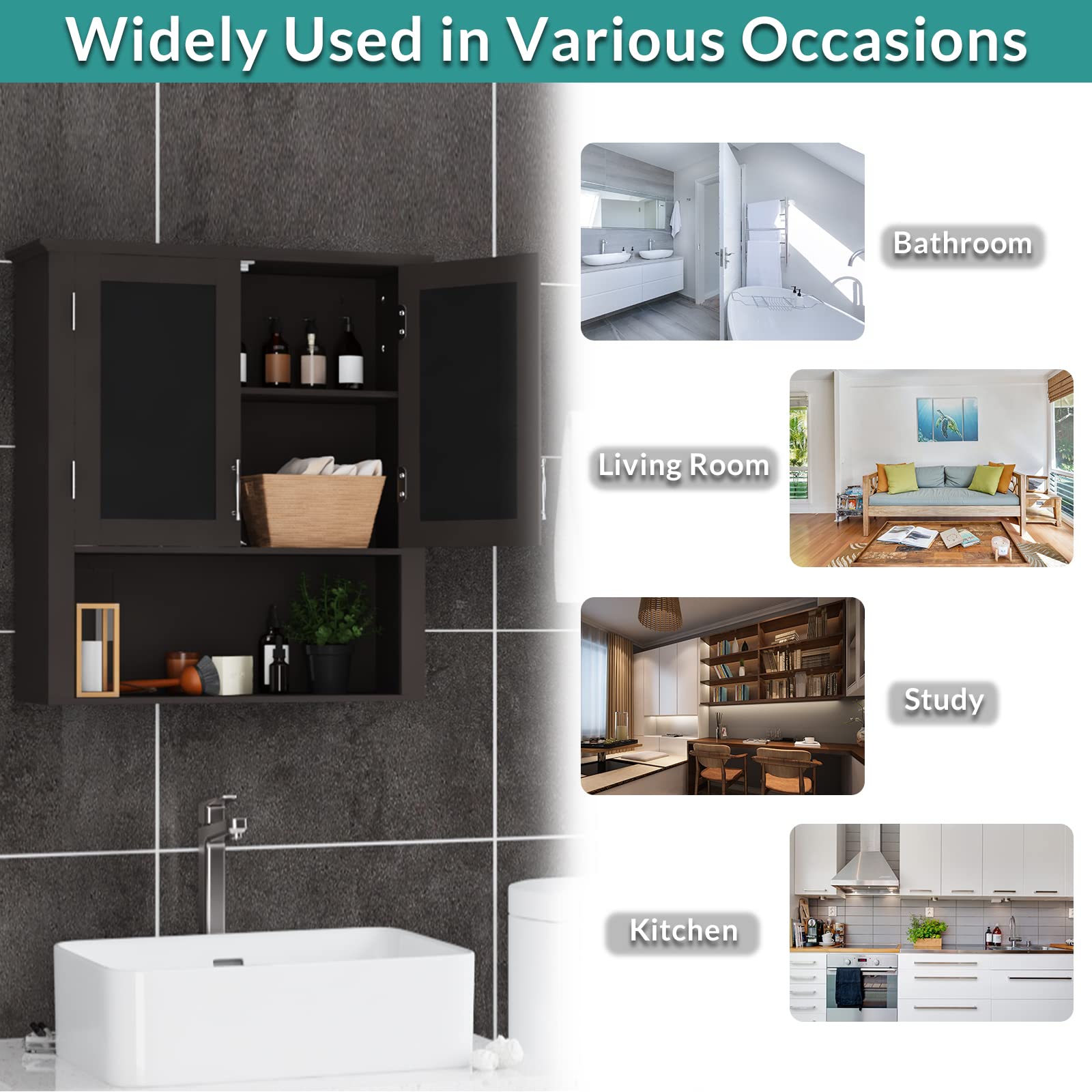 MEETWARM Wall Mounted Bathroom Cabinet with Adjustable Shelves - Double Door Wood Medicine Storage Organizer for Over The Toilet Space - Perfect for Bathroom Organization and Small Space Storage