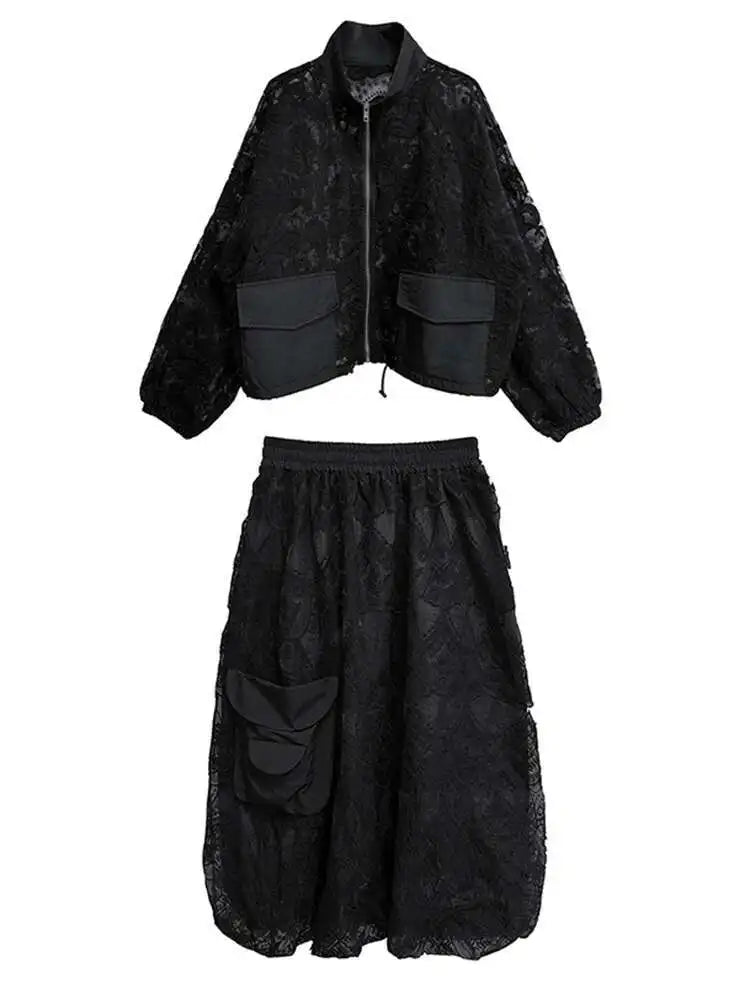 Elegant Black Lace Jacket & Pocket Skirt Two-Piece Set with Stand Collar & Long Sleeves - Women's Fashion Outfit for Spring & Fall 2025 (Style 1DJ0248) | Perfect for Office Wear, Date Nights & Special Occasions