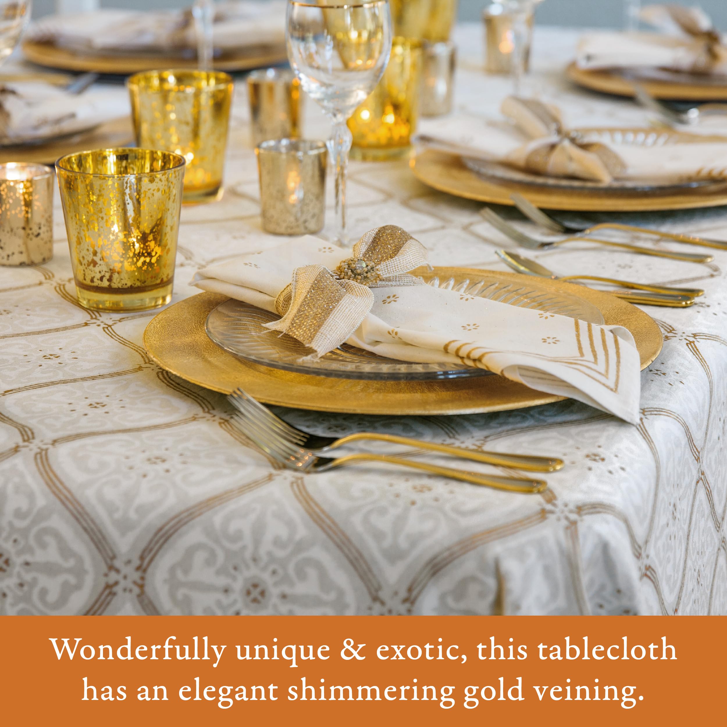 Luxury 100% Cotton Hand Block Printed Rectangle Tablecloth - White Vanilla Glacé, Washable & Durable for Home Decor, Kitchen, Coffee or Dining Table (70x120 Inches) | Perfect for Dinner Parties, Brunch Gatherings & Holiday Decorations
