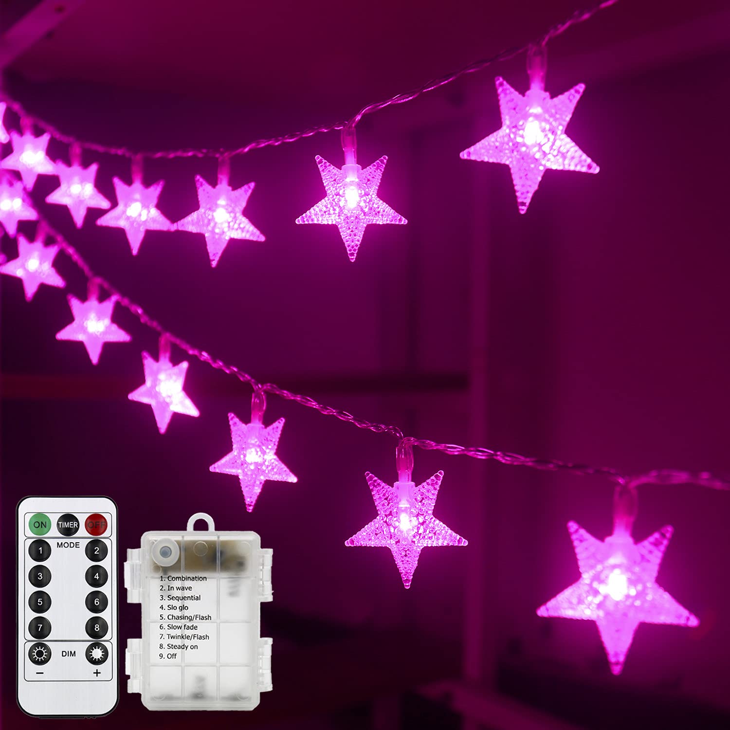 Anfunman 50 LED 17.5 FT Pink Star String Lights - Battery Powered Waterproof Fairy Lights with Remote for Girls Bedroom, Kids Tent, Christmas Decor - Perfect for Indoor Bedroom Party, Wedding, Nursery & Holiday Decorations