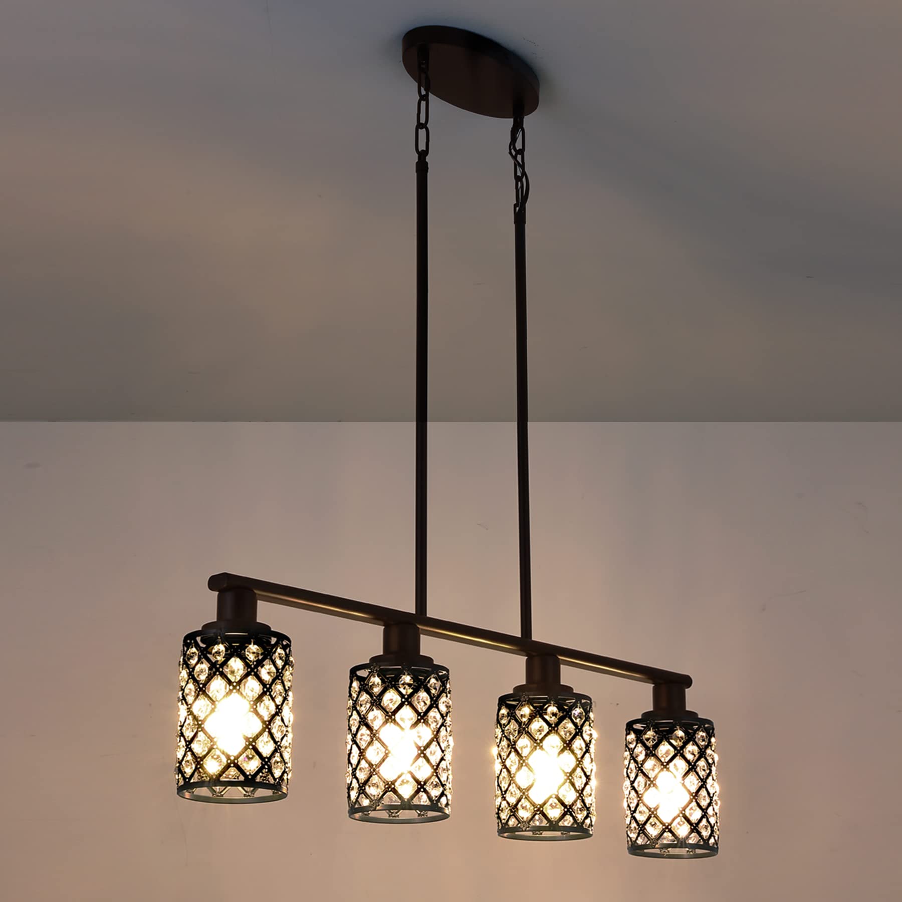 4-Light Black Linear Chandelier with K9 Crystal & Grid Shade - Modern Pendant Lighting for Kitchen Island, Dining Room Table | Perfect for Contemporary Home Decor & Open Concept Spaces