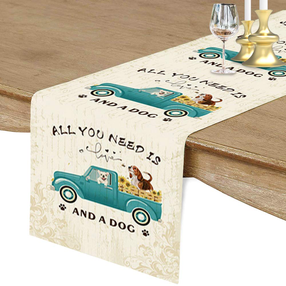 13x90 Inch Animals Table Runner - Linen Burlap Dresser Scarf for Kitchen, Dining Room, Wedding Decor | Dog & Sunflower Vintage Teal Truck Design | Perfect for Family Dinners, Holiday Parties & Farmhouse Decor