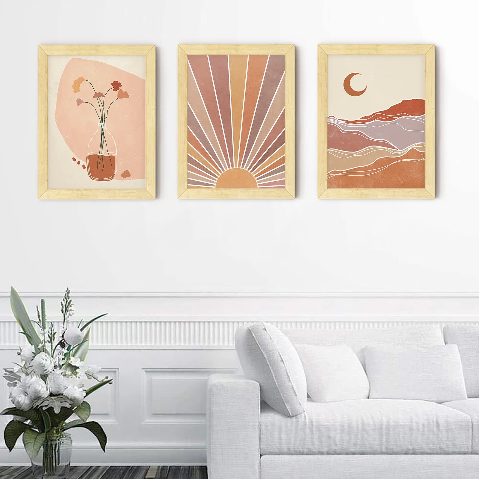 Boho Sun & Moon Wall Art Set - 3 Framed Decor for Living Room