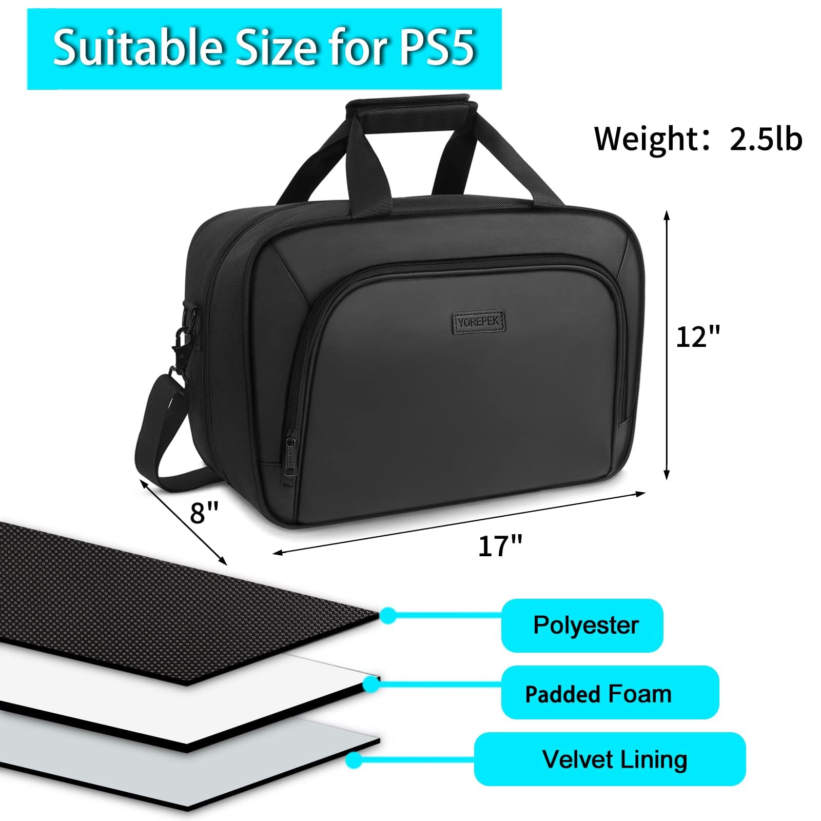 YOREPEK PS5 Travel Carrying Case - Compatible with Playstation 5 Disc & Digital Edition, Pro Console - Large Storage Bag for Controllers, Games & Accessories - Durable Black Protective Case for Travel, Gaming Storage & Home Organization