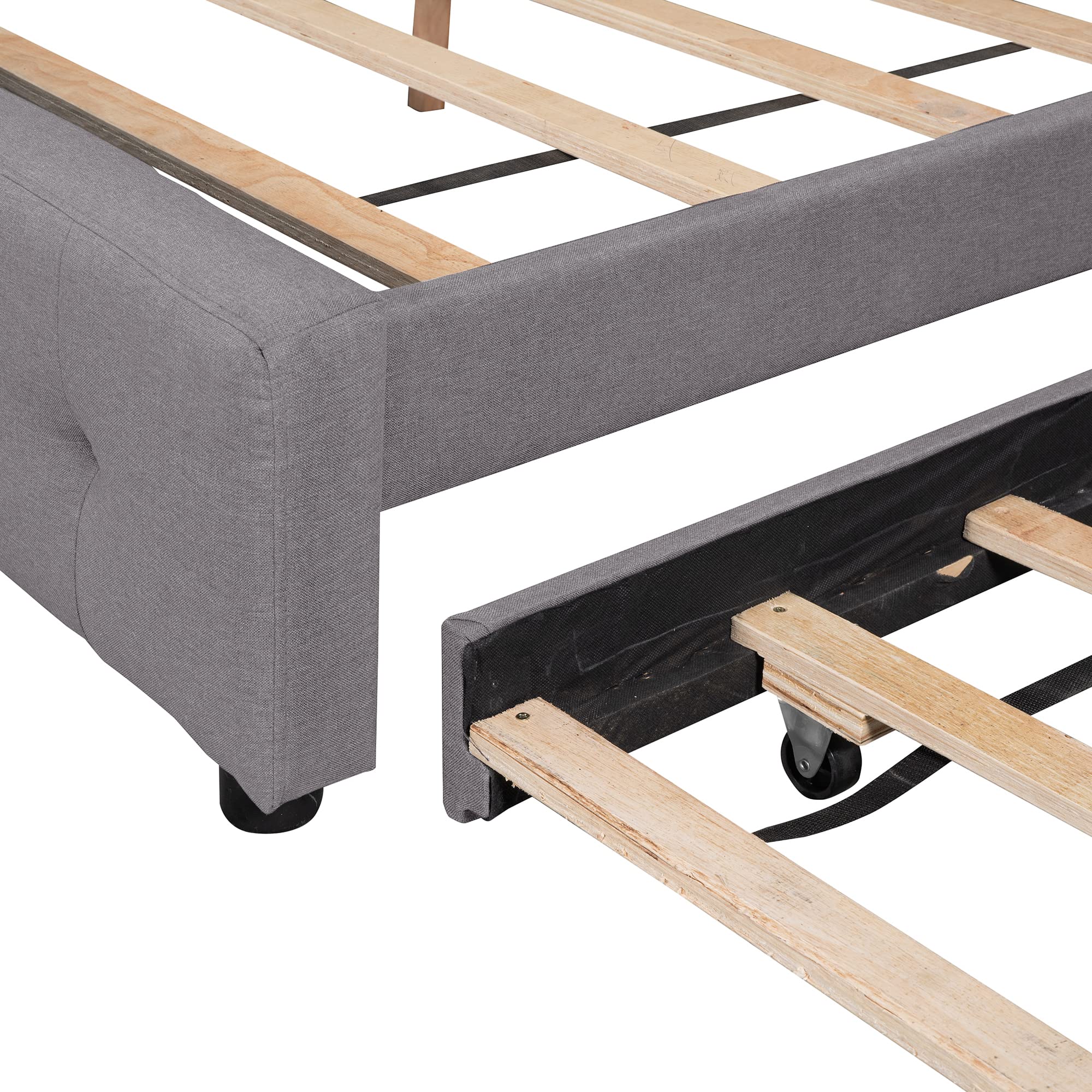 Queen Size Upholstered Platform Bed with 2 Storage Drawers & Twin XL Trundle - Light Gray Linen Fabric Wooden Bed Frame for Guest Room, Small Space & Modern Bedroom