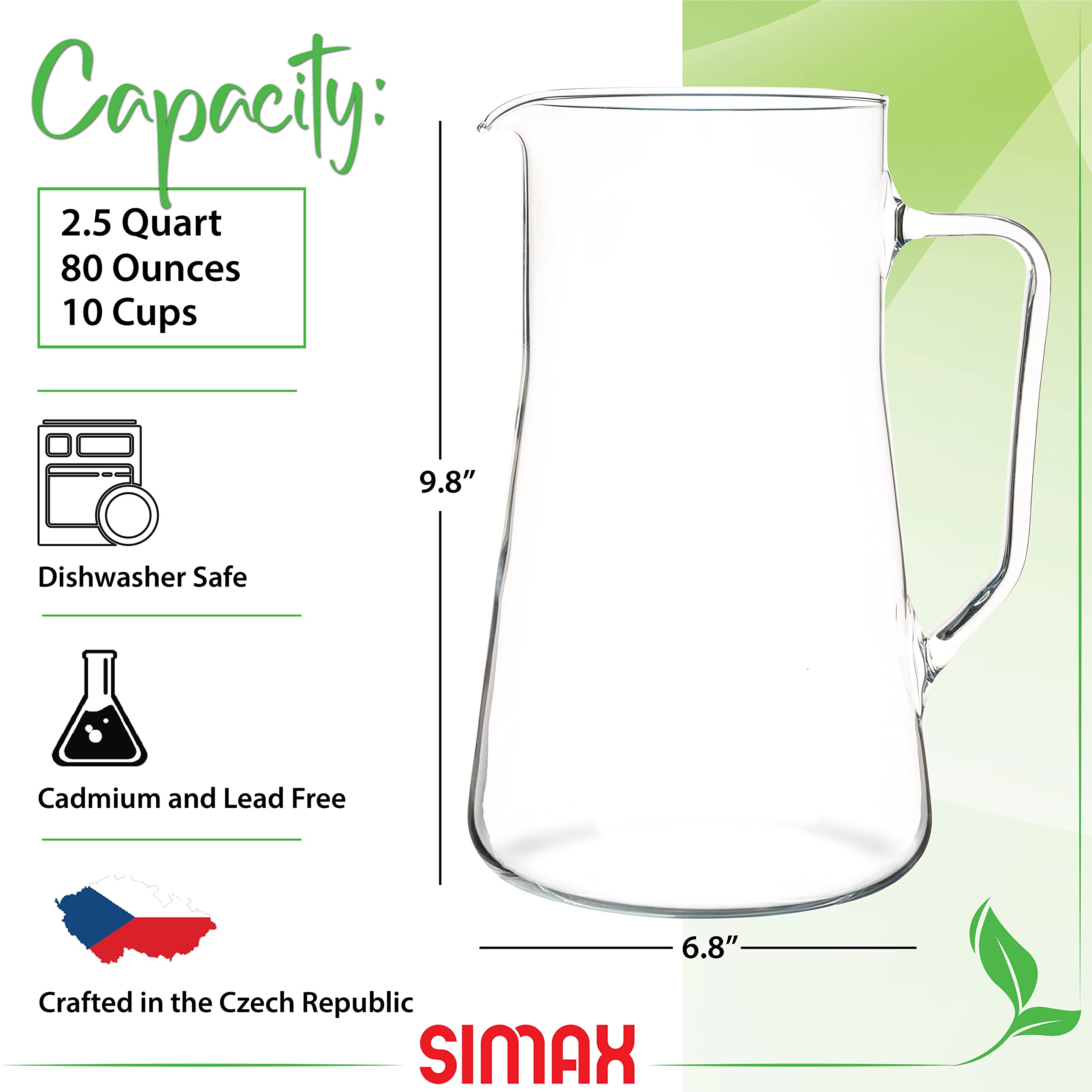 Simax 2.5 Qt (80 Oz) Borosilicate Glass Pitcher with Spout & Handle - Large Angled Cylinder Design for Sangria, Cocktails, Iced Tea & Water - Durable Heat-Resistant Pitcher for Parties, Restaurants & Home Use