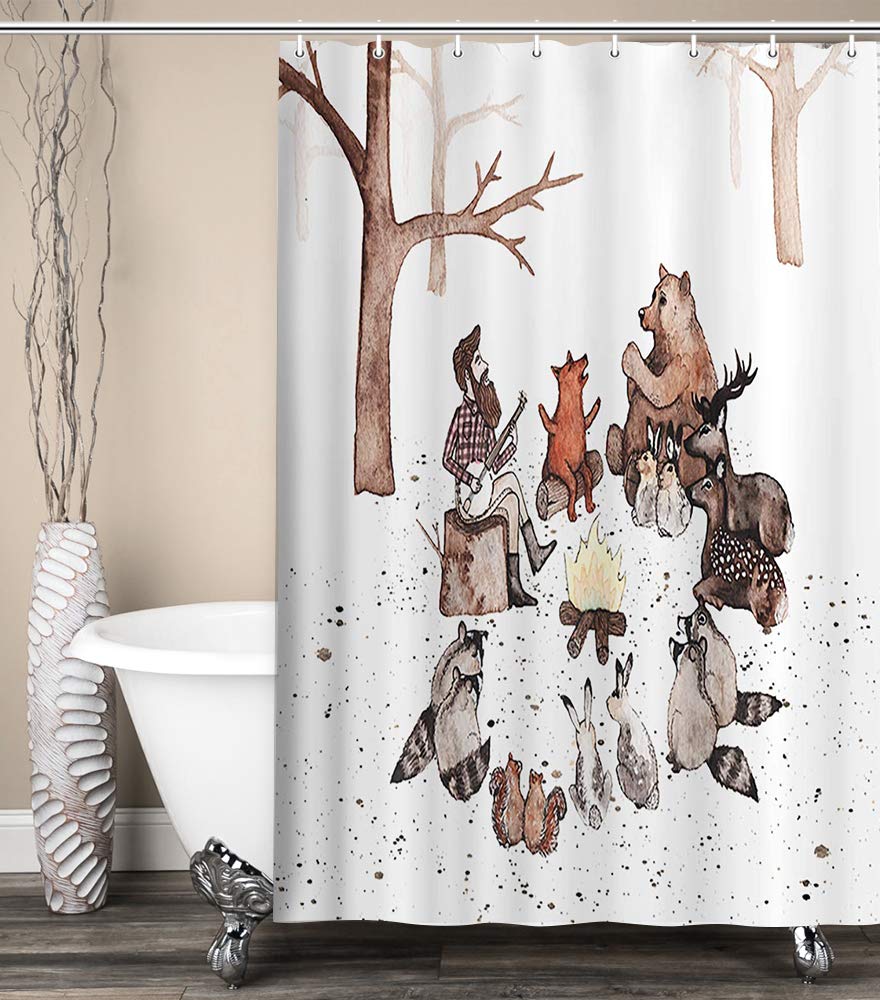Funny Farmhouse Animals Camping RV Shower Curtain - Happy Camper Design with Deer, Squirrel & Rabbit in Rustic Forest Scene - 47x64 Inch Bathroom Decor for Campers, Trailers & Cozy Cabins