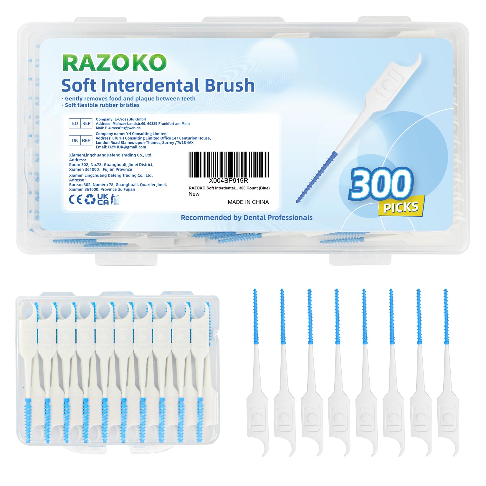 RAZOKO Soft Interdental Brushes 300 Count - Original Dental Picks for Teeth Cleaning, Disposable Interdental Cleaners with Travel Case (Blue) - Perfect for Travel, Home & Office Oral Care