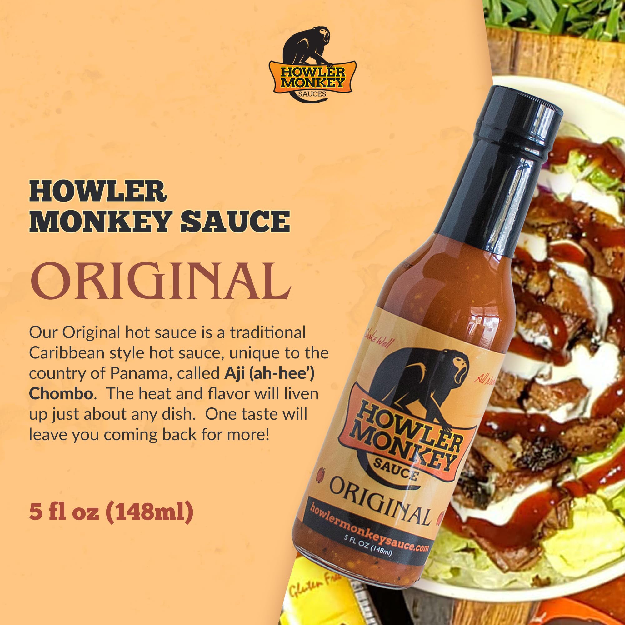 Howler Monkey Sauce Original - Authentic Panamanian-Style Hot Sauce with Aji Chombo Peppers | Gluten-Free, Keto-Friendly, Low Sodium Hot Sauce | 5 oz Bottle - Perfect for Tacos, Wings & Grilling