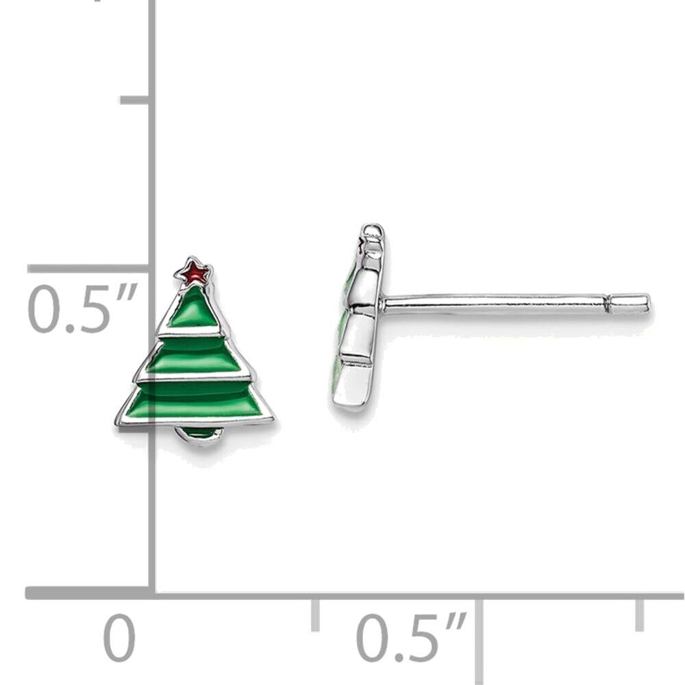 Sterling Silver Rhodium-Plated Christmas Tree Enamel Earrings – Elegant Holiday Jewelry for Women, Perfect for Christmas Parties & Gifts