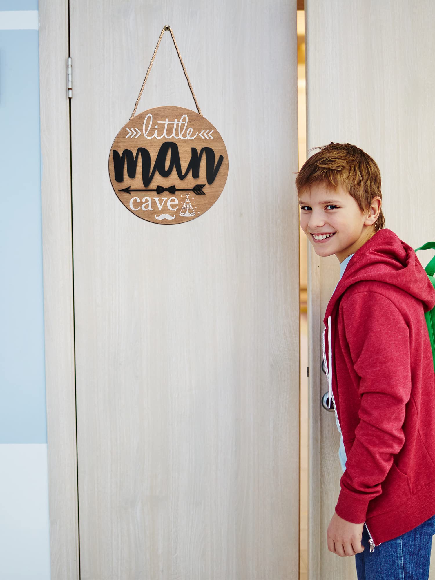 Little Man Cave Wooden Circle Door Sign - Woodland Nursery Decor for Boys, Baby & Toddler Room - Kids Bedroom & Living Room Wall Hanging Decor - Perfect for Baby Showers, Birthday Gifts & Nursery Themes