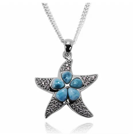 Authentic Caribbean Larimar Starfish Pendant Necklace - Handmade Sterling Silver Jewelry - Perfect for Beach Vacations & Summer Outfits