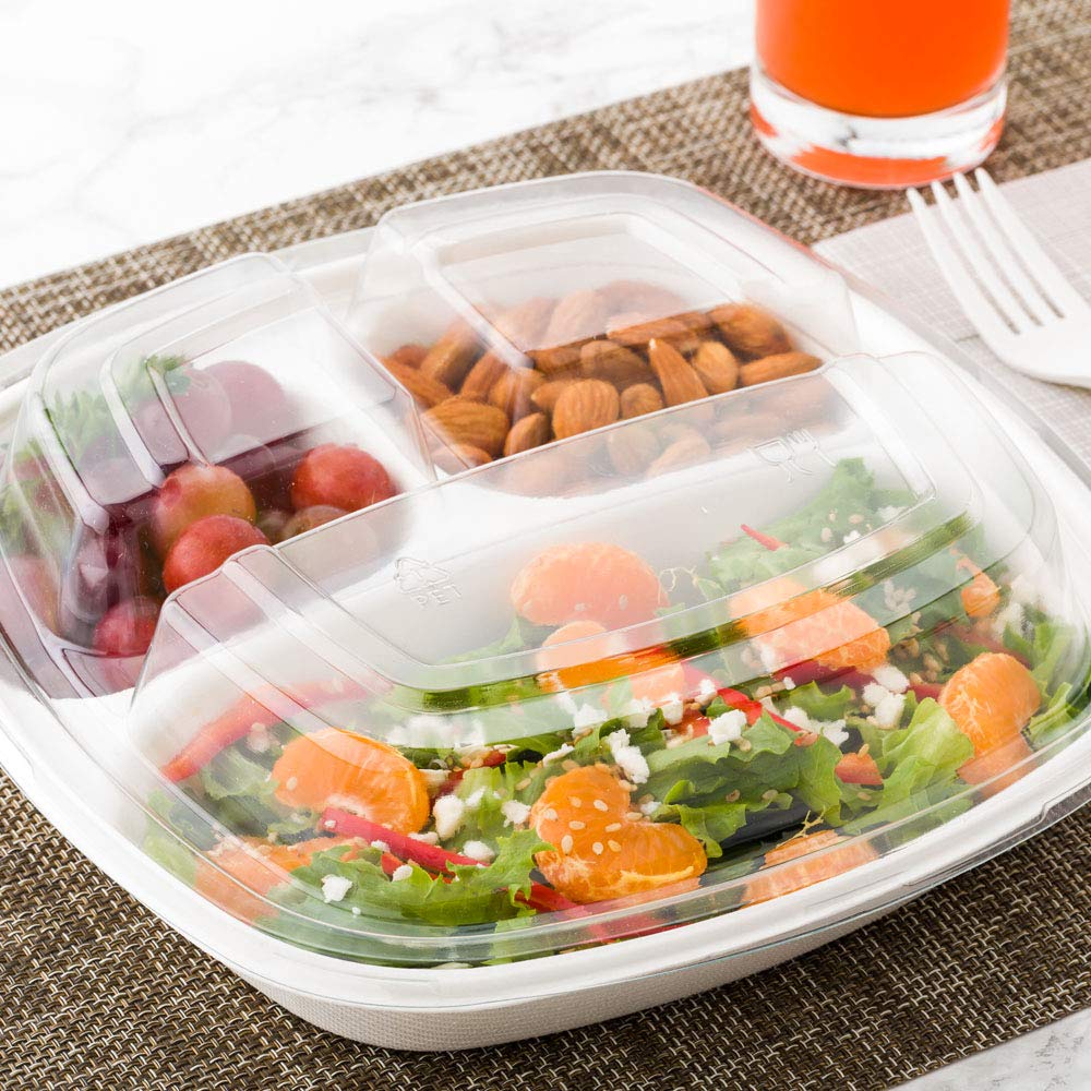 **Pulp Tek 4.8 x 4.8 Inch Clear Plastic Dome Lids for 3-Compartment Bagasse Plates (100 Pack) - Perfect for Restaurants, Catering & Takeout Meals**