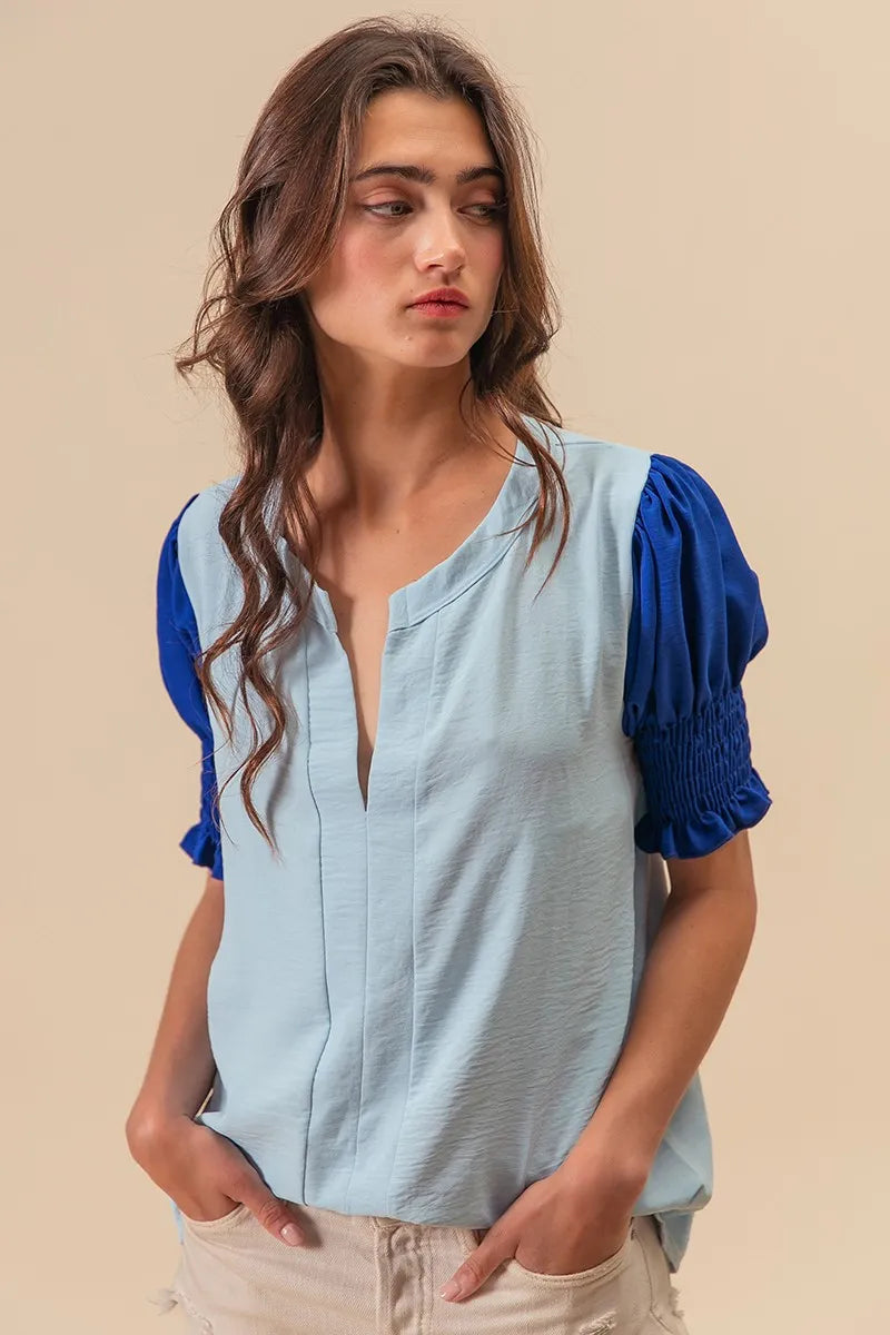 BiBi Air Flow Color Block Puff Sleeves V Neck Top - Breathable Summer Blouse for Women, Fashionable Casual Wear for Outings & Dates