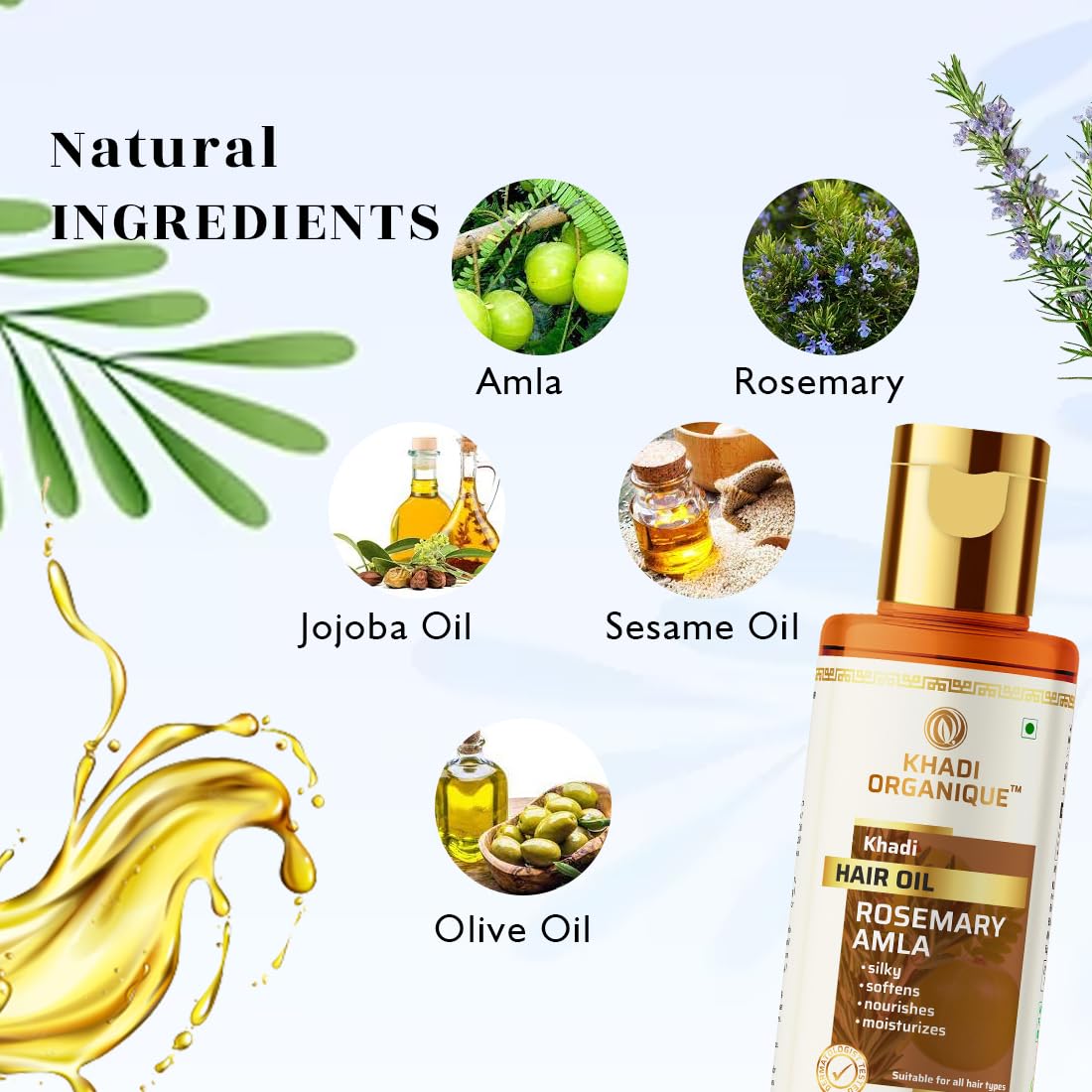 Organic Rosemary Amla Hair Oil for Hair Growth & Anti Hair Fall - Anti Dandruff Treatment for Silky Soft Hair (210ml) - Promotes Healthy Scalp & Stronger Hair for Men & Women