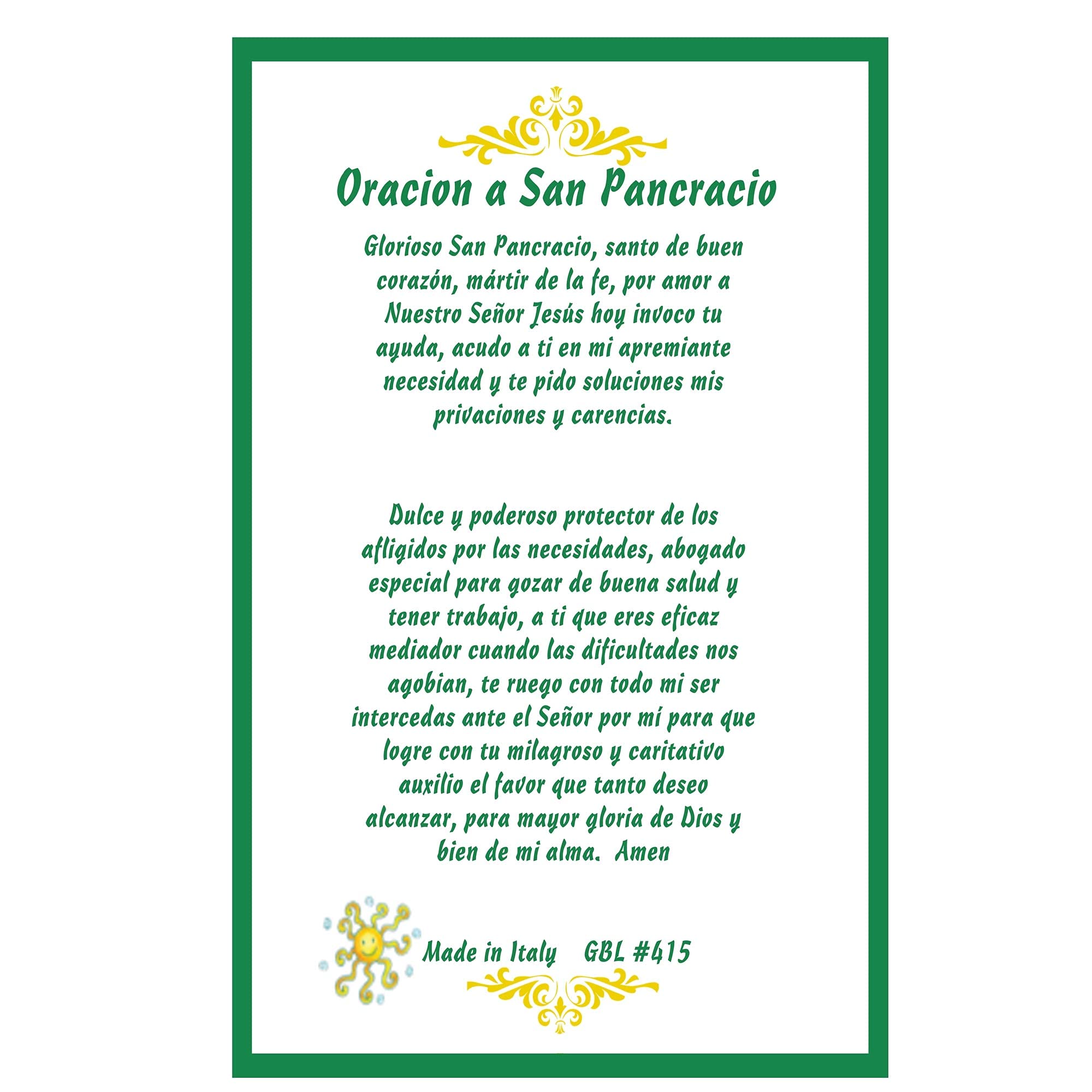 San Pancracio Patron Saint of Jobs and Health - Laminated Prayer Card Blessed by Pope Francis | Religious Gift for Protection, Employment & Well-Being | Home Altar, Office Desk & Prayer Space Decor