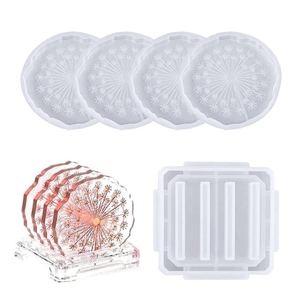 5PCS Epoxy Resin Coaster Molds with Storage Box - Premium Silicone Coaster Molds for DIY Resin Casting, Cup Mats & Home Decor (Dandelion Design) - Perfect for Crafting Unique Drink Coasters, Gifts & Table Decorations