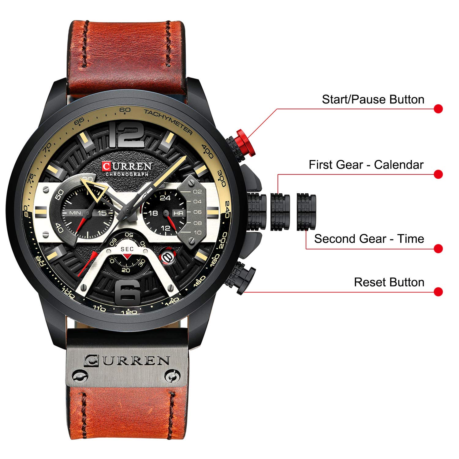 RORIOS Men's Chronograph Leather Strap Watch with Date - Analog Sports Wristwatch for Business, Casual & Outdoor Activities | Water Resistant Multifunction Dial Watch for Men