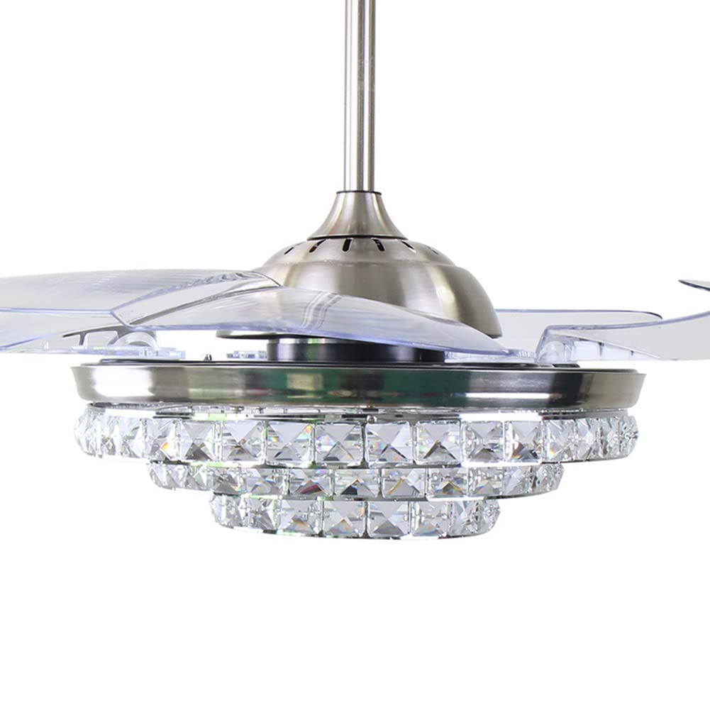 42 Inch Crystal Ceiling Fan with Light and Remote Control - Modern LED Chandelier Fan with Retractable Blades for Dining Room, Living Room, Bedroom - Silver Finish - Energy Efficient & Quiet Operation