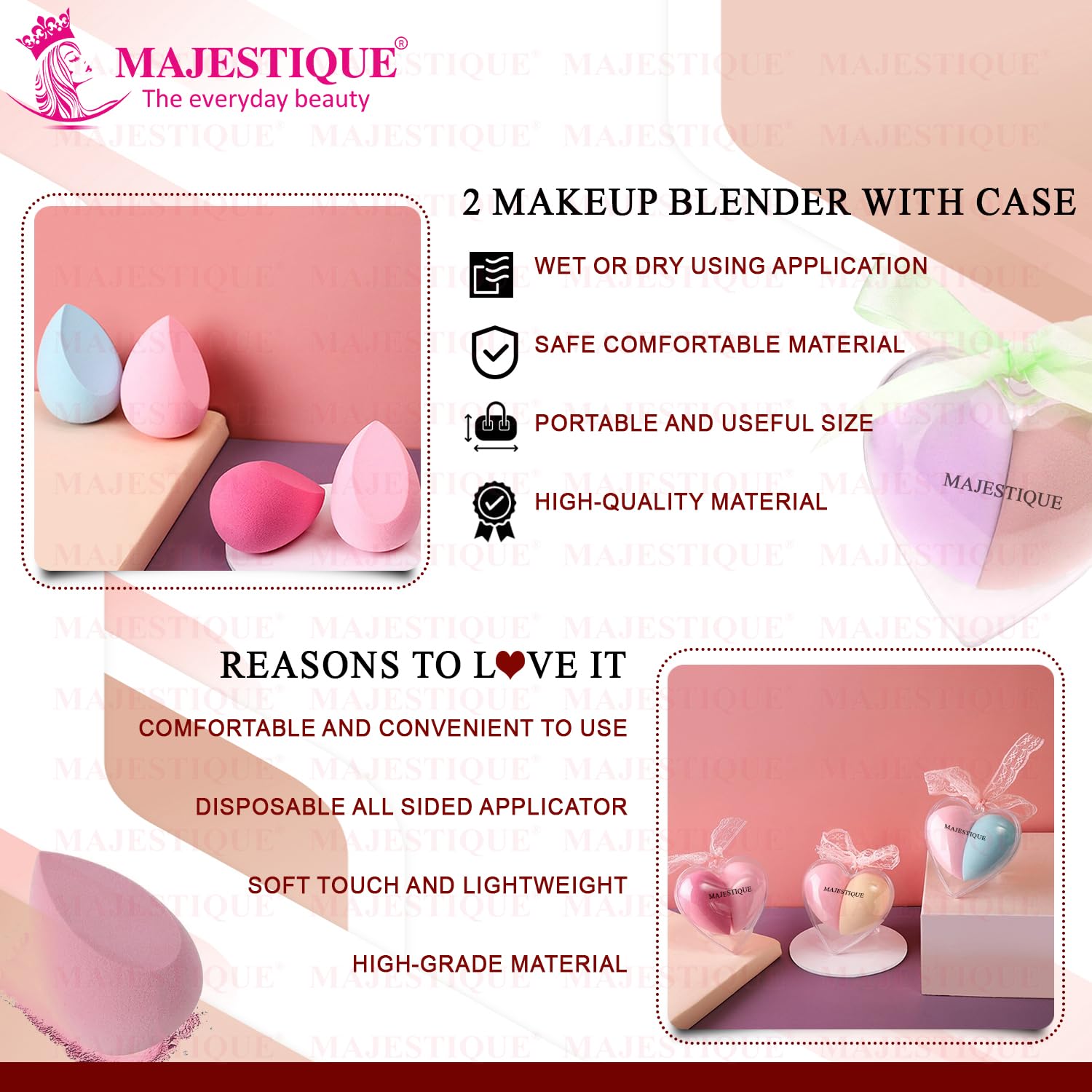 Majestique Heart Shaped Makeup Sponge Set - Foundation Blender Beauty Sponge for Liquid, Cream & Powder - Flawless Face Makeup Application - Perfect for Daily Use, Travel & Professional Makeup Artists