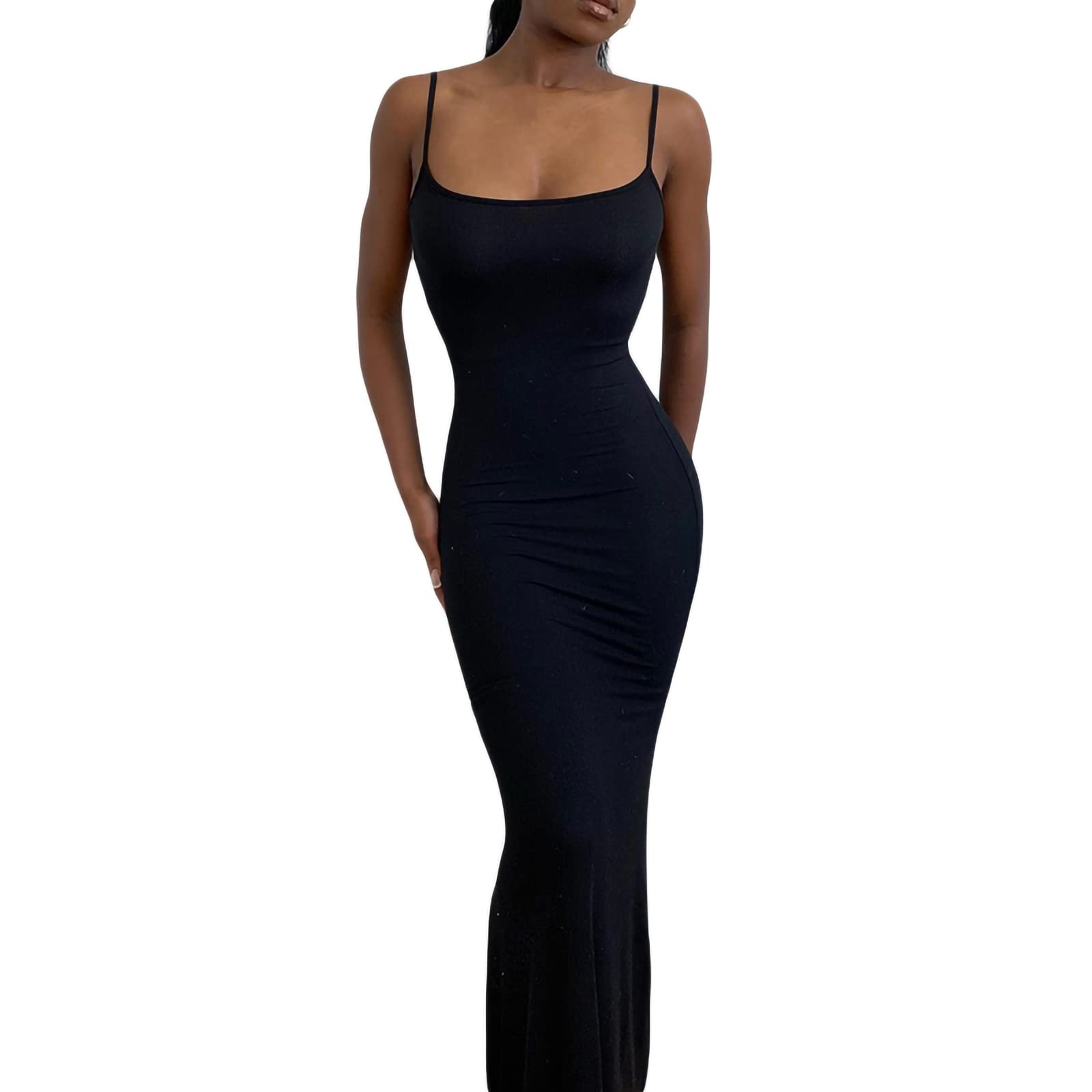 Sexy Women's Solid Maxi Bodycon Dress - Spaghetti Strap Sleeveless Cami Long Dress for Evening Party, Club, Wedding & Formal Occasions