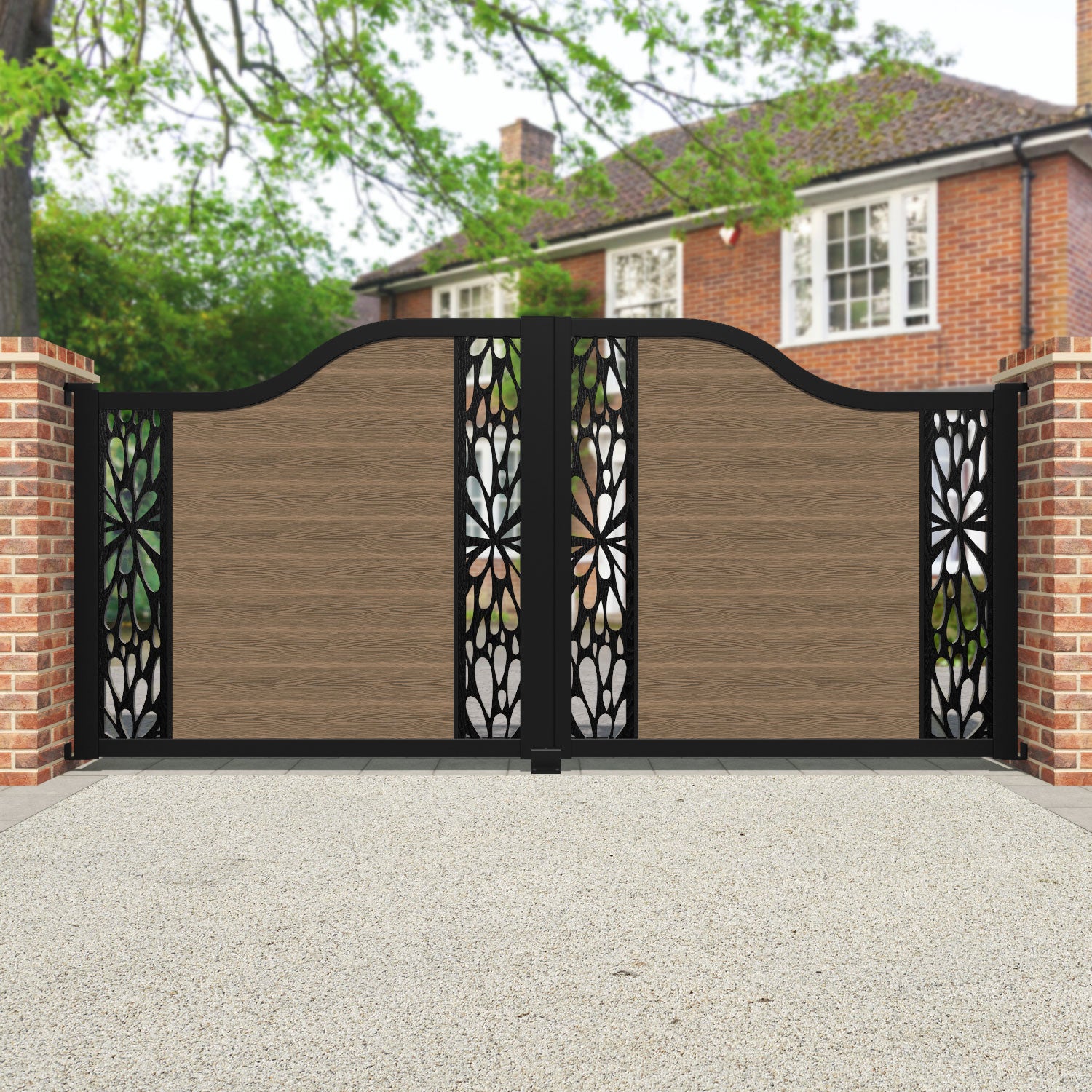 Premium Teak Classic Blossom Curved Top Driveway Gate with Middle & End Screen - Elegant Garden Entry & Property Security Solution