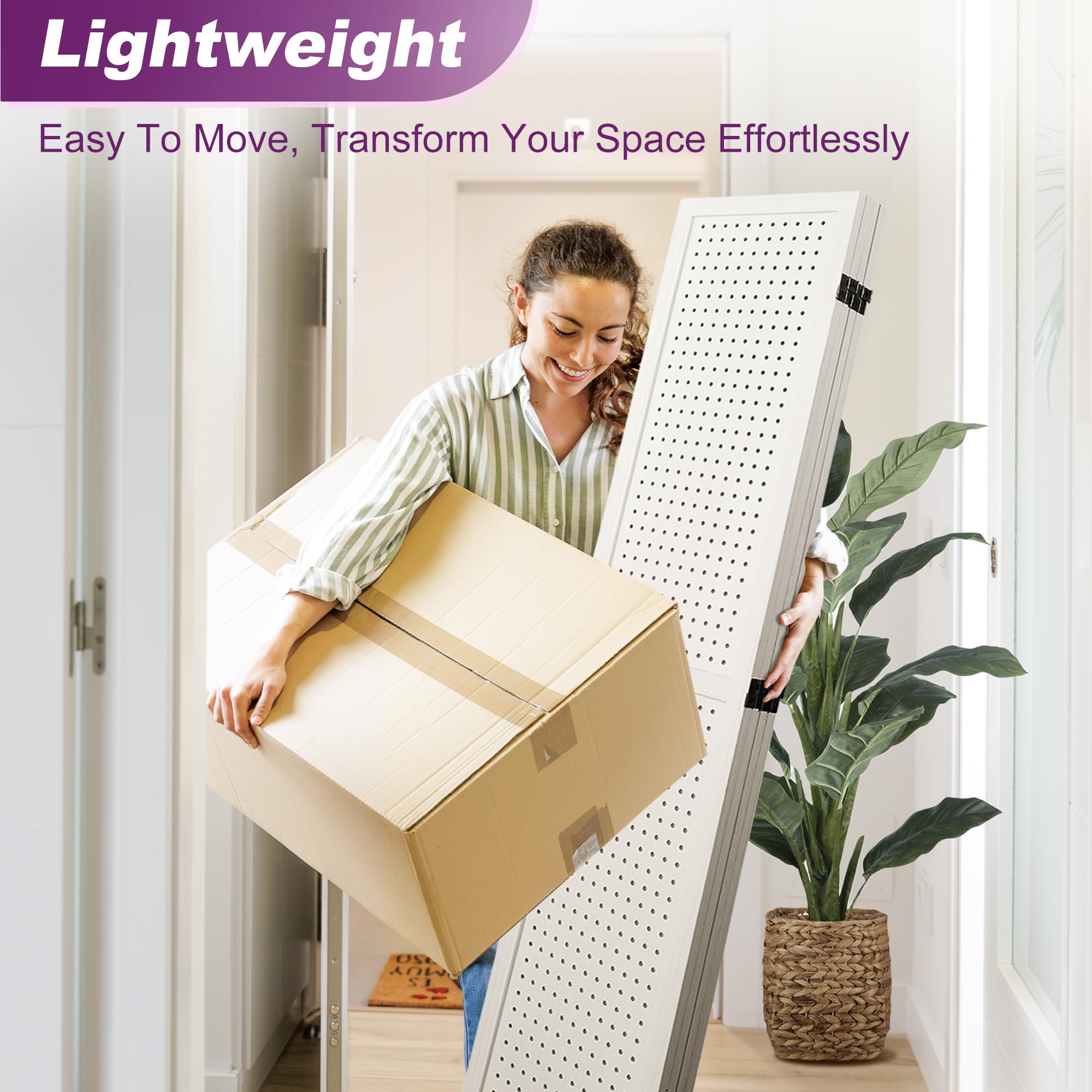 5.6FT Folding Room Divider Panel - 4 Panel Pegboard Wood Partition Wall for Home Office, Craft Shows & Room Separation - White - Perfect for Home Decor, Trade Shows & Space Organization