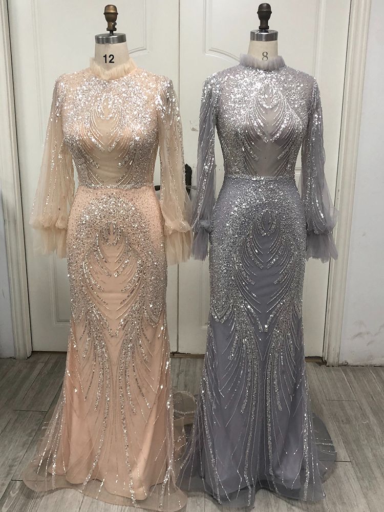 Elegant Grey Mermaid Evening Gown with High Neck & Full Sleeves - Beaded Luxury Prom Dress for Women 2025 | Perfect for Formal Parties, Weddings & Red Carpet Events
