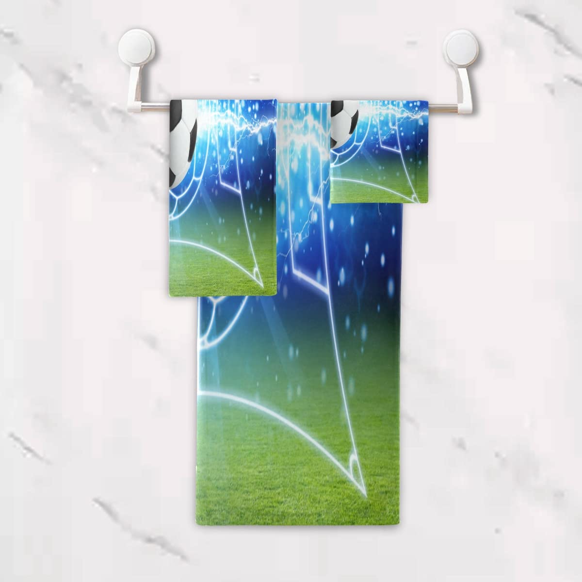 3-Piece Sports Ball Football Galaxy Soccer Bath Towel Set - Super Absorbent, Quick Dry & Soft Cotton Bath, Hand Towel & Washcloth for Gym, Pool, Beach & Bathroom Use