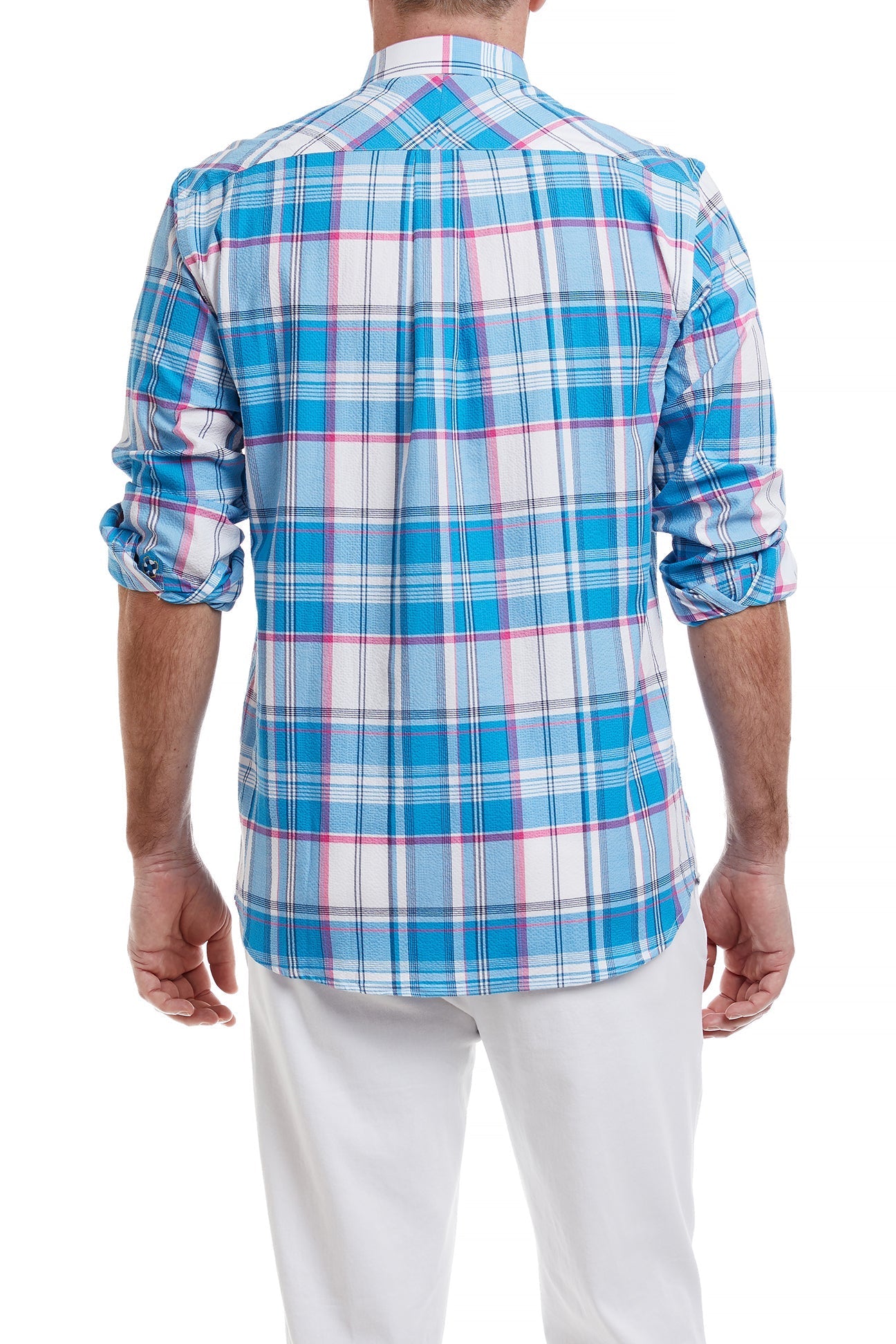 Chase Shirt Blue and Pink Union Seersucker - Stylish Summer Casual Button Down for Men | Perfect for Beach Vacations, Outdoor Weddings & Weekend Getaways