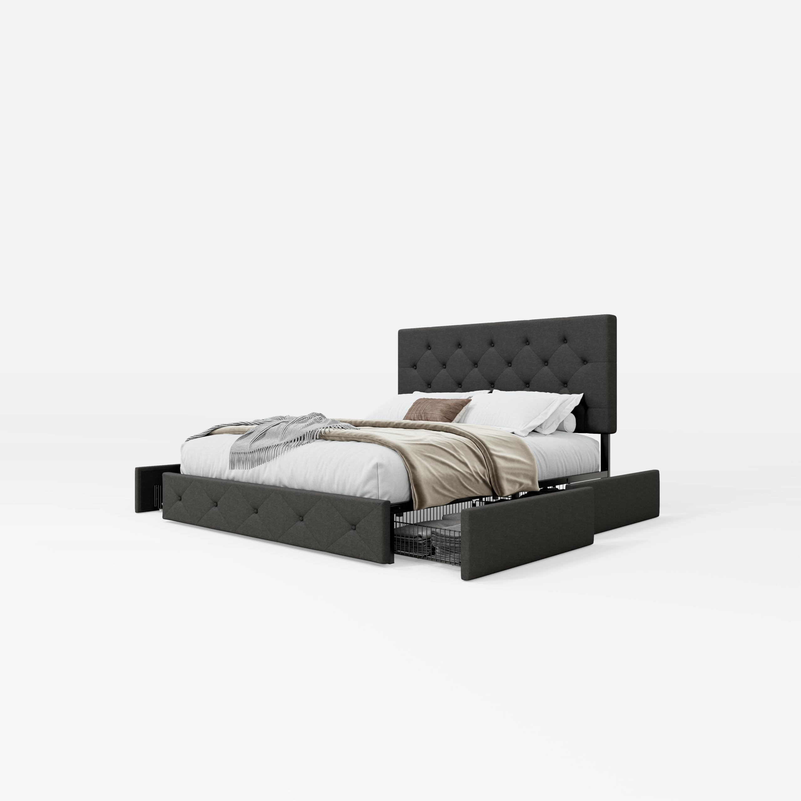 SHA CERLIN Upholstered Queen Size Platform Bed Frame with 4 Storage Drawers - Adjustable Diamond Stitched Headboard, Wooden Slat Support, No Box Spring Needed - Dark Grey Modern Bedroom Furniture for Small Space & Storage Solutions