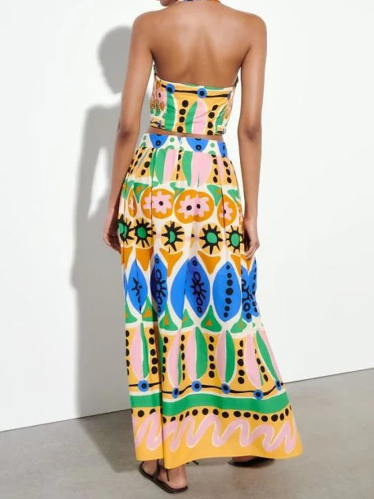 Women's Casual Halter Sleeveless Camisole Top & A-Line Midi Skirt Set - Summer Printed Outfit for Beach, Vacation & Daily Wear | TRAF Fashion