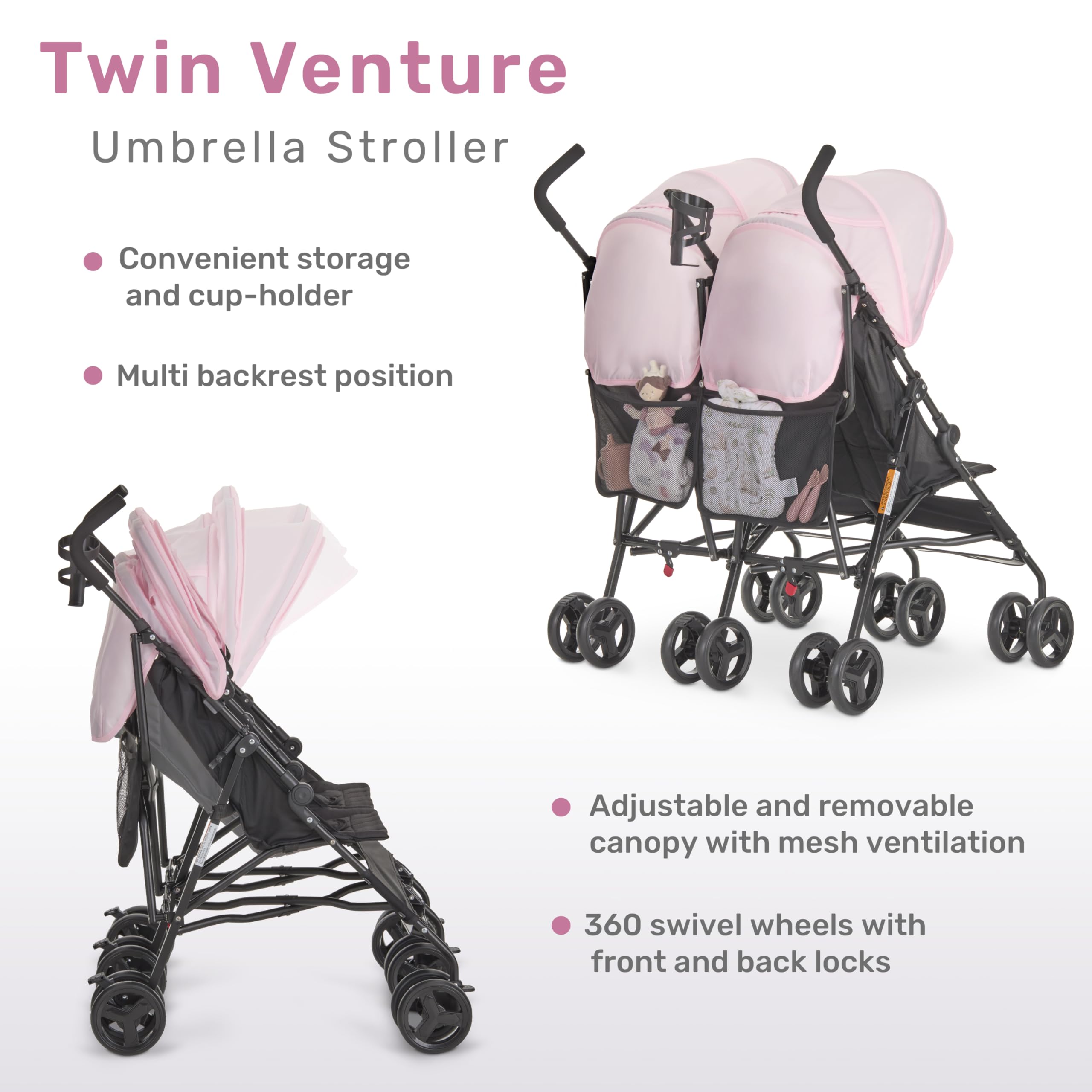 Dream On Me Twin Venture Umbrella Stroller - Lightweight Compact Double Stroller for Toddlers & Infants, Pink | Perfect for Travel, Shopping & Everyday Use