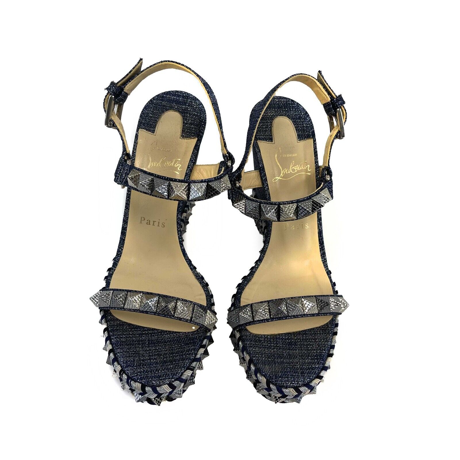 Christian Louboutin Pyraclou Spike Denim Wedge Sandals Women's Size 39 (US 9) - Stylish High Heel Shoes for Parties, Weddings & Evening Events