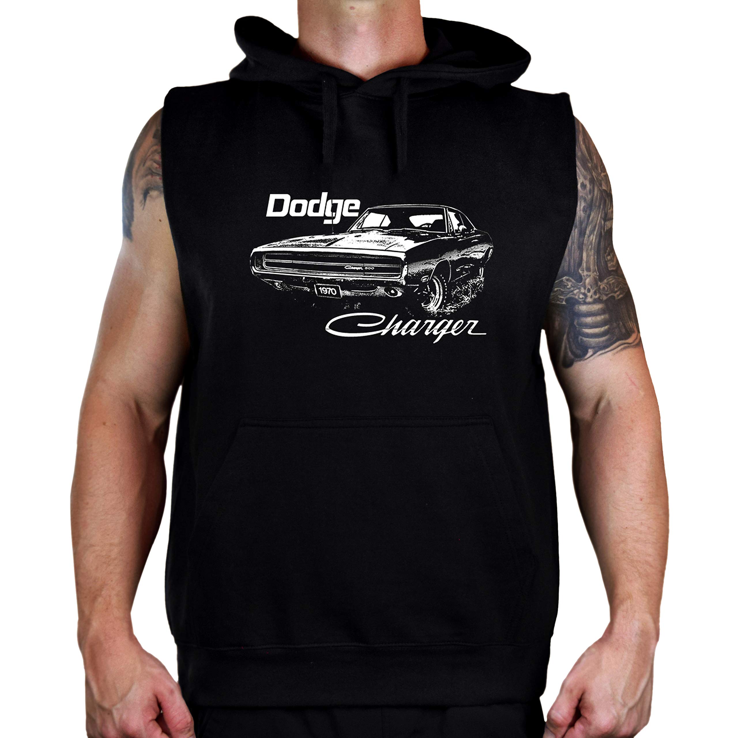 Men's White Dodge Charger 1970 Black Sleeveless Vest Hoodie - Vintage Muscle Car Graphic Pullover for Casual Wear & Car Enthusiast Fashion