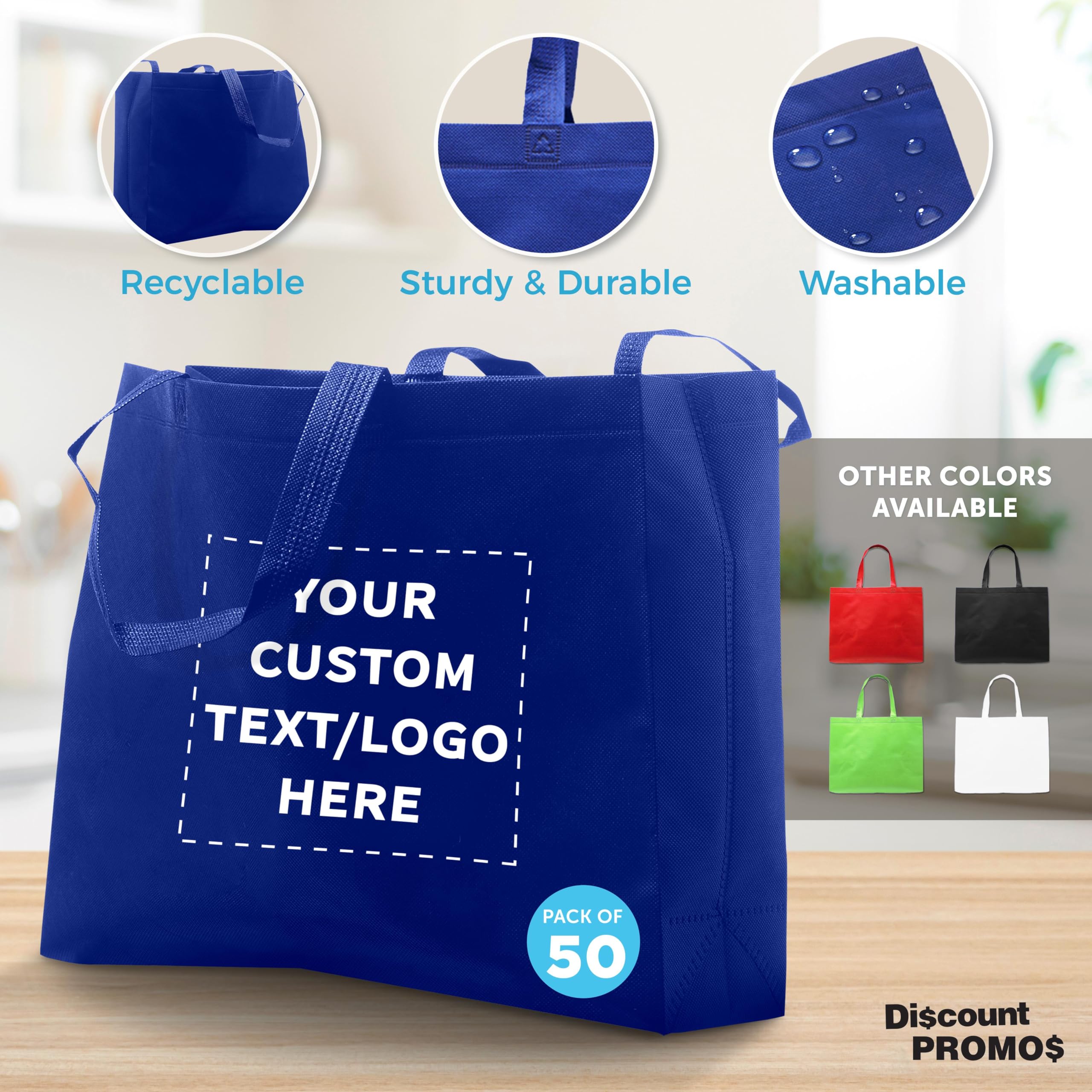 Custom Jumbo Reusable Tote Bags Bulk Set of 50 - Personalized Grocery Shopping Bags for Women, Promotional Items - Blue | Eco-Friendly Shopping, Grocery Hauling, Trade Show Giveaways & Branded Merchandise