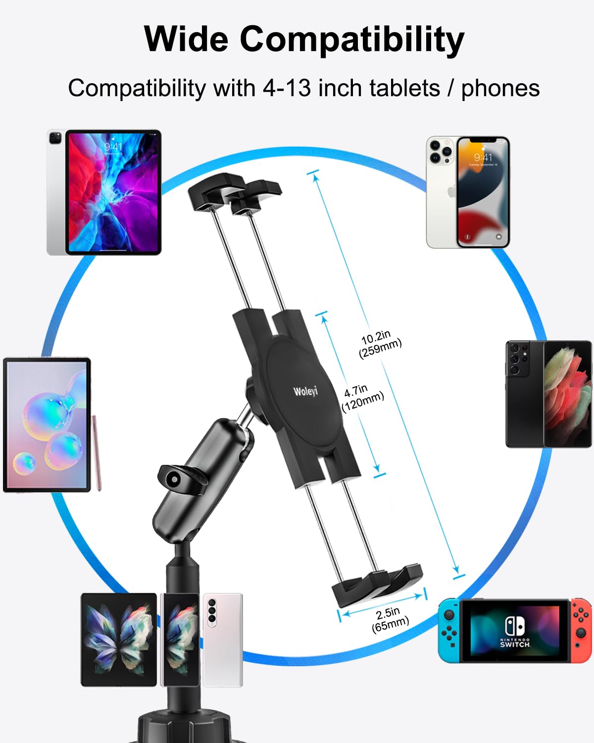 Car Cup Tablet Holder - Adjustable Metal Mount for iPad, Galaxy, Kindle (4-13