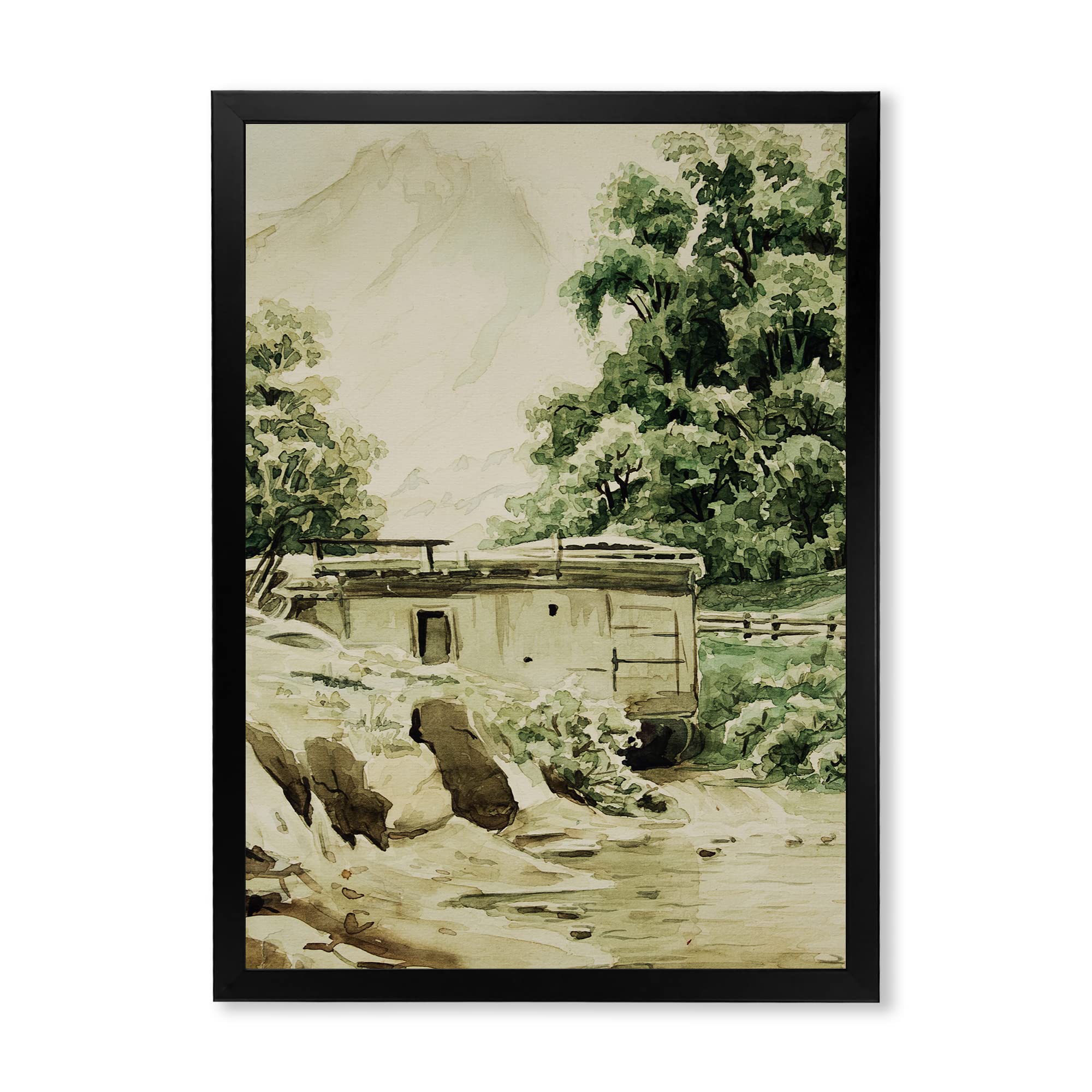 Mountain Cabin & Lodge Framed Wall Art - Rustic Home Decor for Living Room, Bedroom & Office - Scenic Nature Landscape Painting for Cabin, Farmhouse or Vacation Home