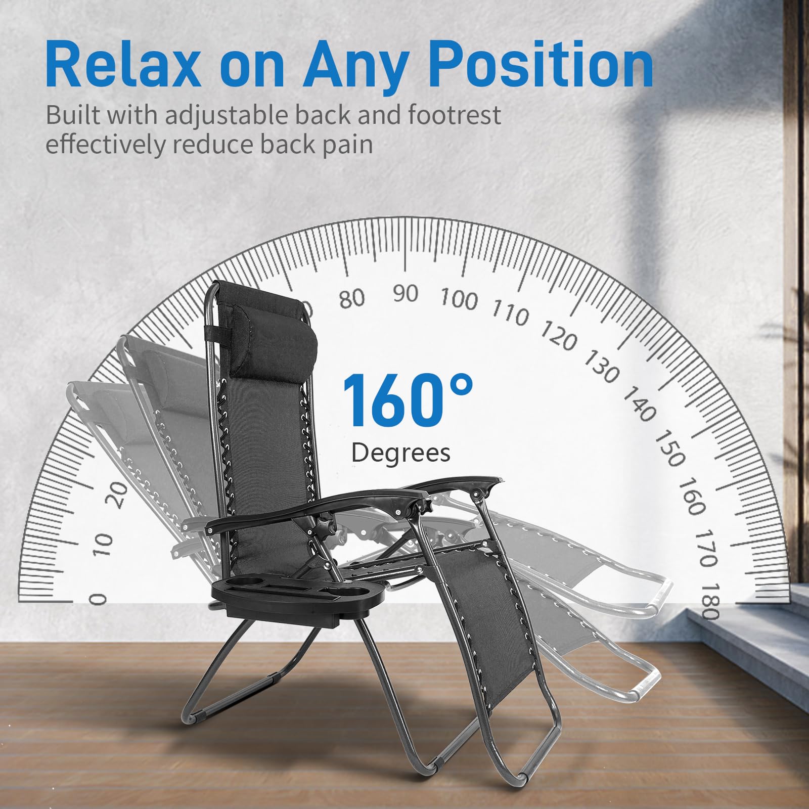 Bonnlo Zero Gravity Chair Set of 2 - Adjustable Reclining Patio Lounge Chairs with Pillow & Cup Holder, Foldable Outdoor Lawn Chairs for Deck, Backyard, Beach, Poolside & Garden Relaxation (Black)
