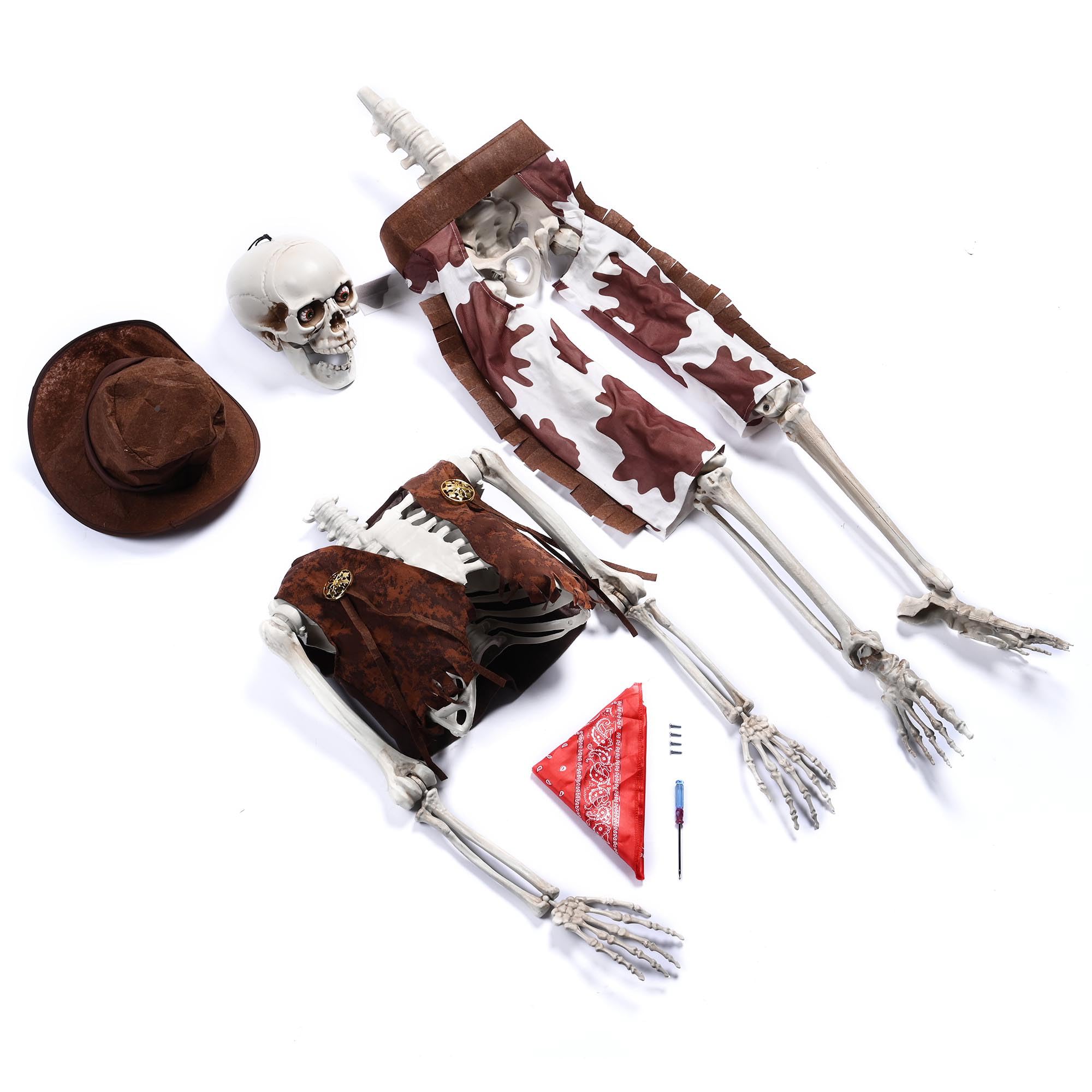 Life-Size Poseable Skeleton - 5.4ft Western Cowboy Halloween Decoration with Glowing Eyes | Haunted House Props, Party Decor, Photo Booth Backdrop (2024 Edition) - Perfect for Halloween Parties, Haunted Attractions, and Spooky Home Decor