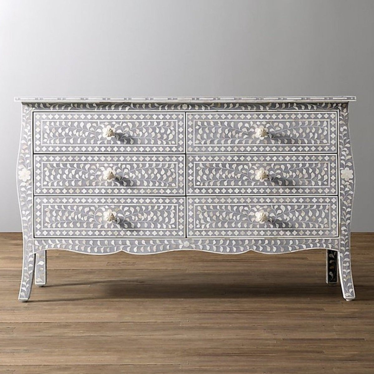 Handmade Grey Colonial Bone Inlay 6-Drawer Dresser Chest - Perfect for Bedroom Storage & Vintage Home Decor